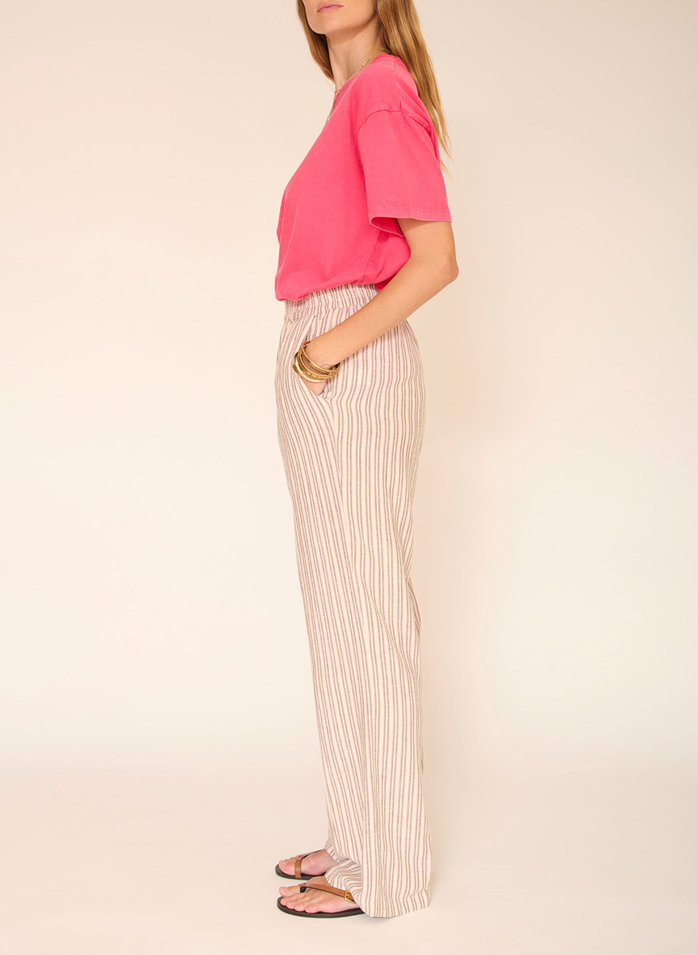 Gerade geschnittene, fließende Streifenhose MKT Beige