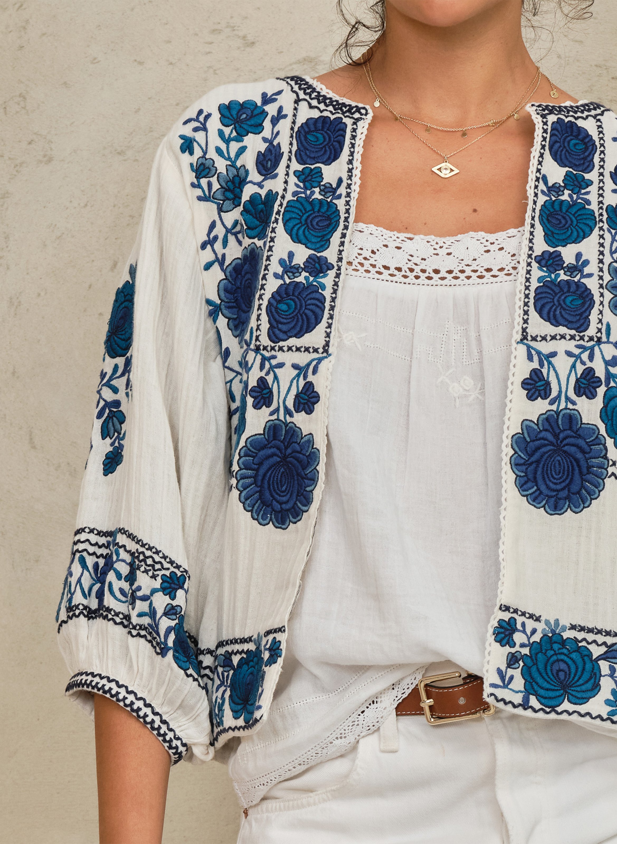 Veste oversize col rond en coton brodé M.A.B.E Blanc