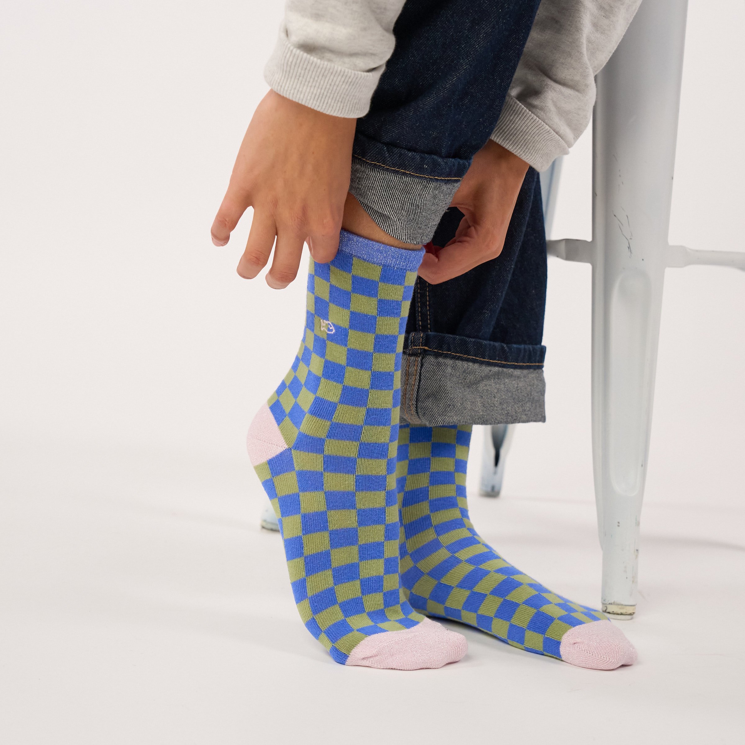 Combed cotton checkered socks | Blue BILLYBELT Women