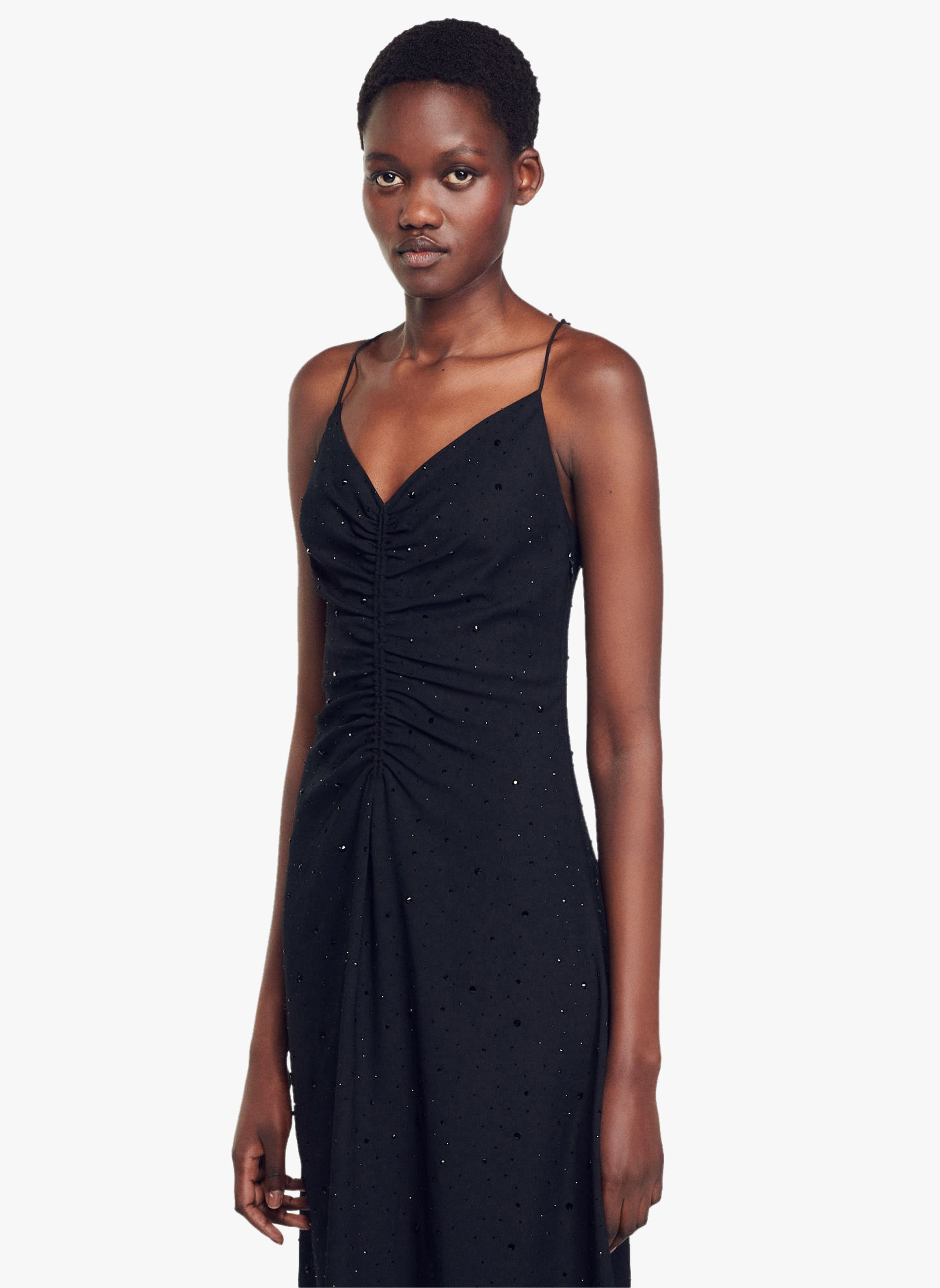 Robe Mi longue Col V Noir Sandro Femme Place des Tendances