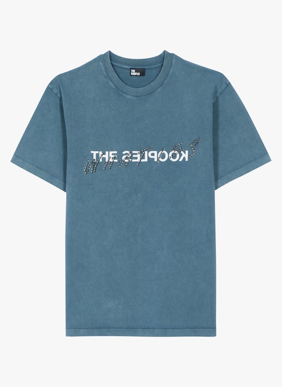 Tee-Shirt col rond droit en coton sérigraphié Bleu The kooples