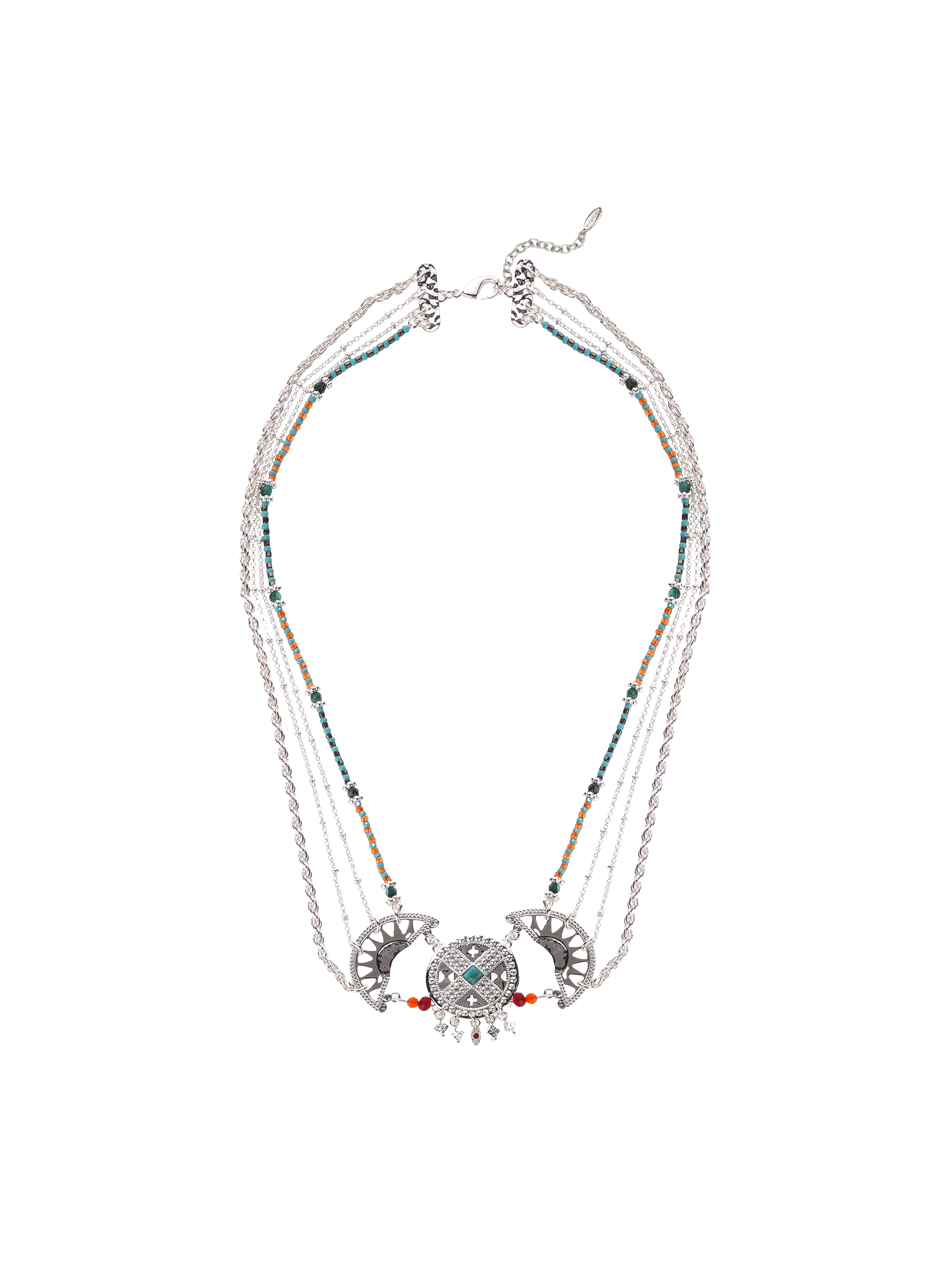 Multistrand chain necklace with central pendant and beads HIPANEMA Silver