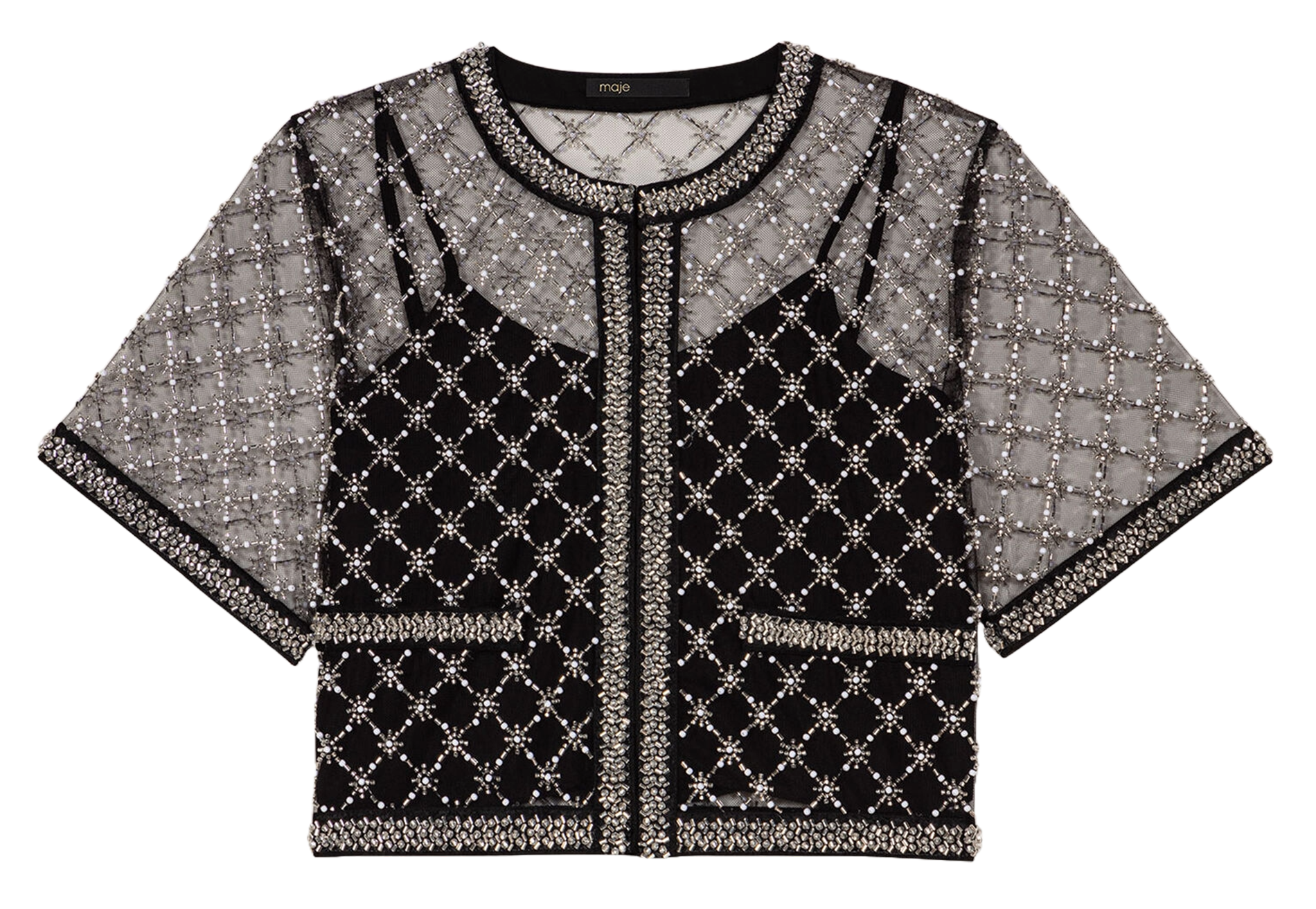 Top col rond à perles brodées MAJE Noir