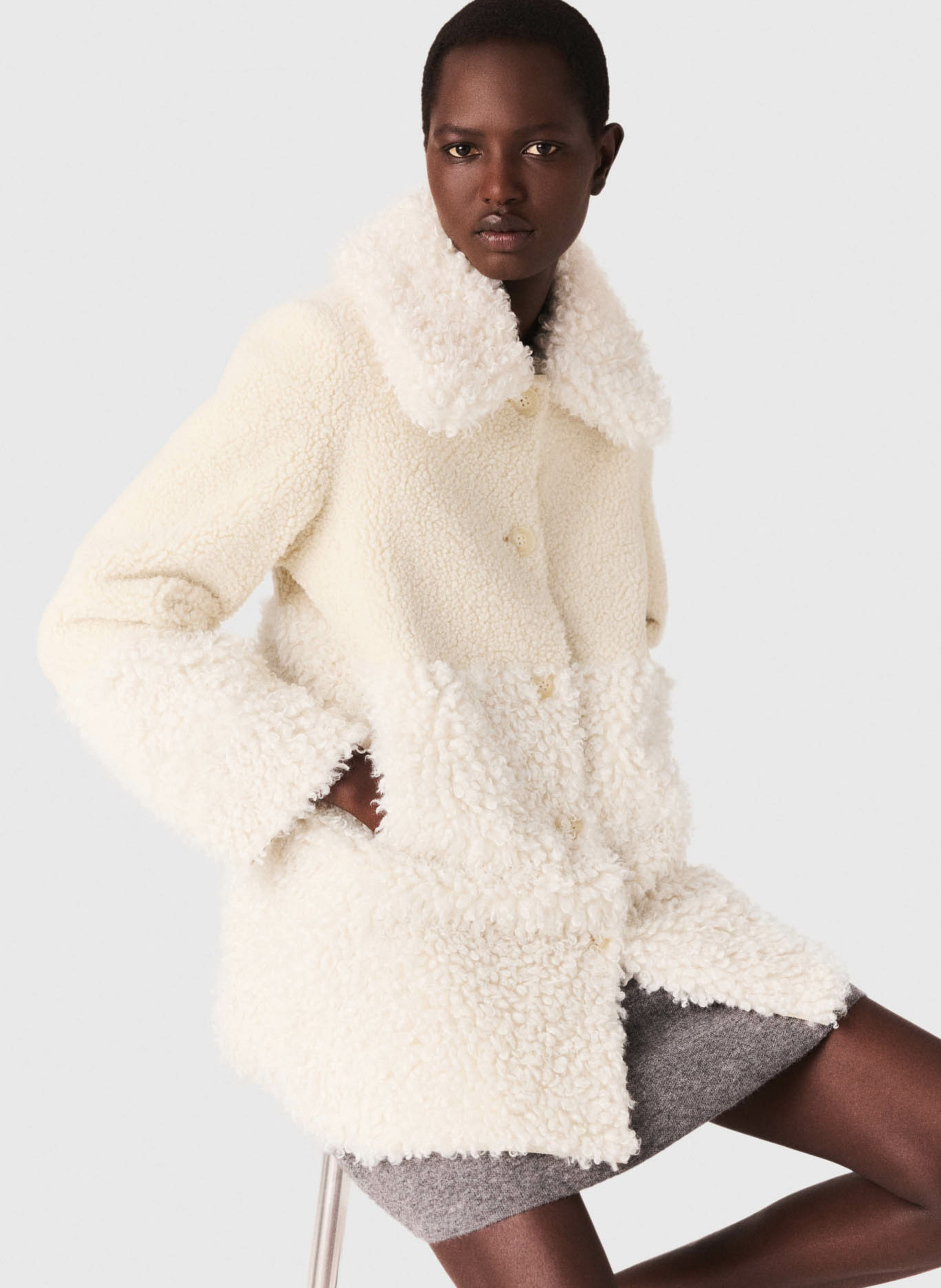 Manteau col large effet fourrure   MAJE Beige