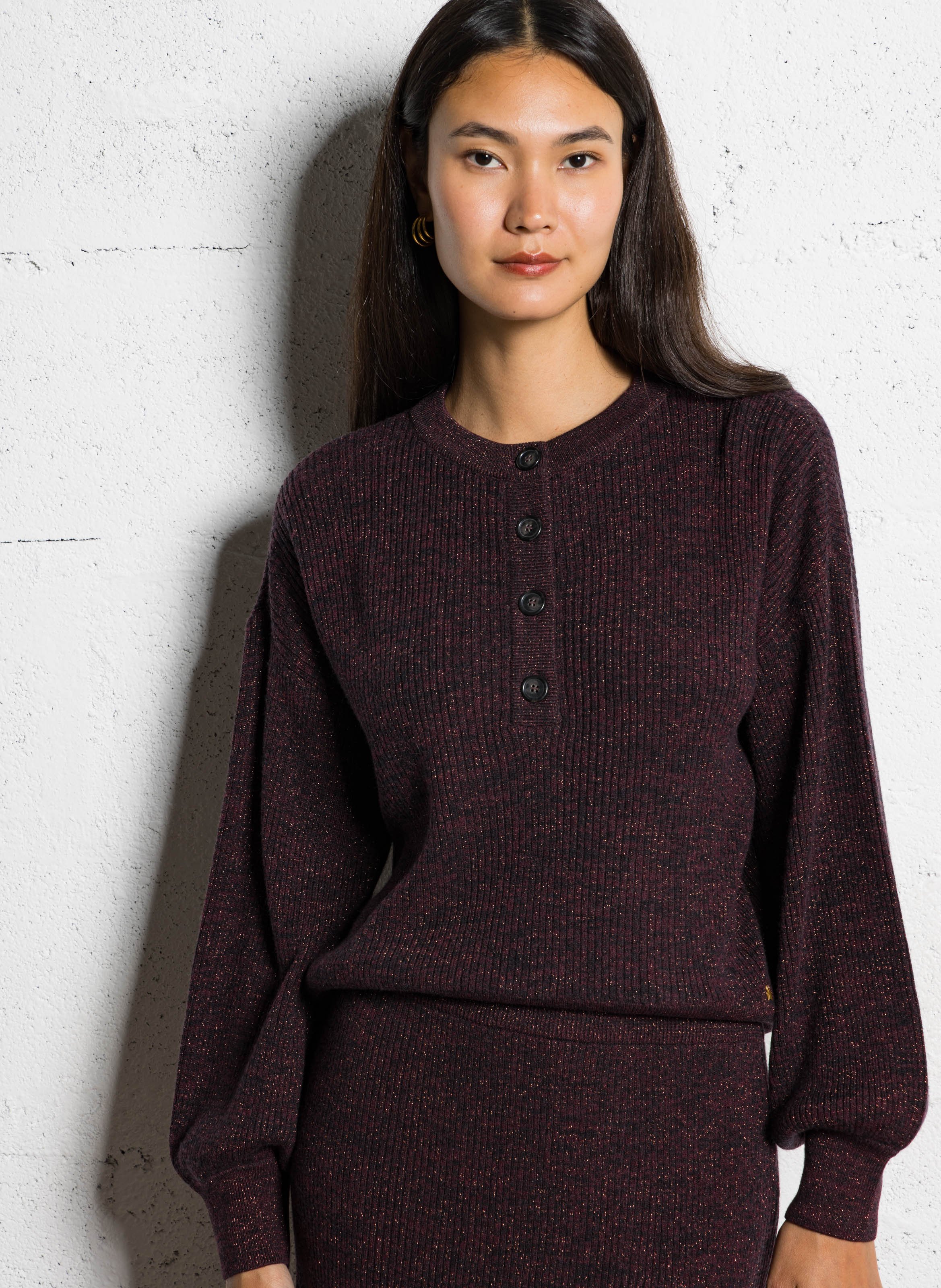 Pull droit pailleté en maille côtes DES PETITS HAUTS Bleu