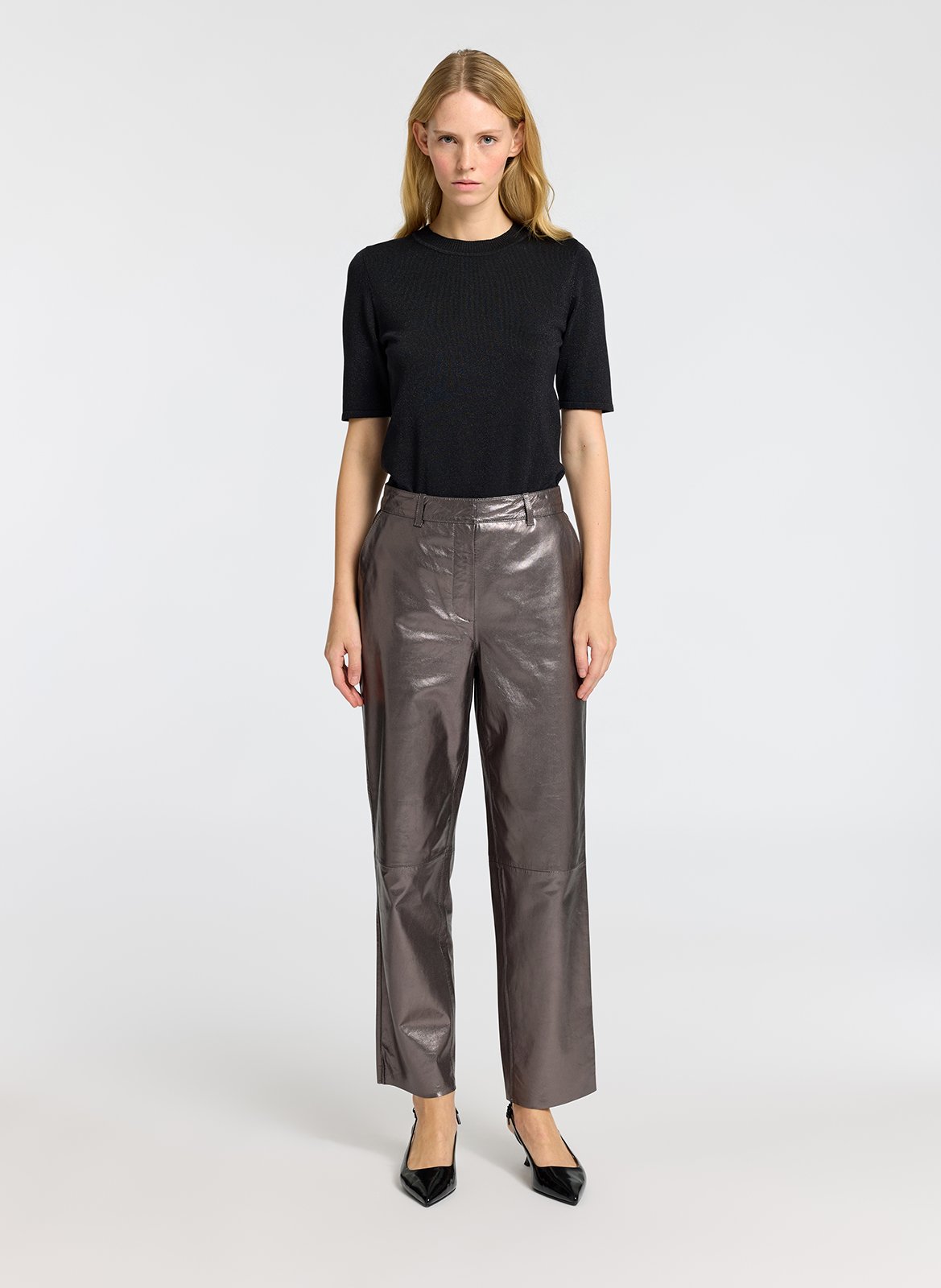 Pantalon droit en cuir métallisé SELECTED Gris