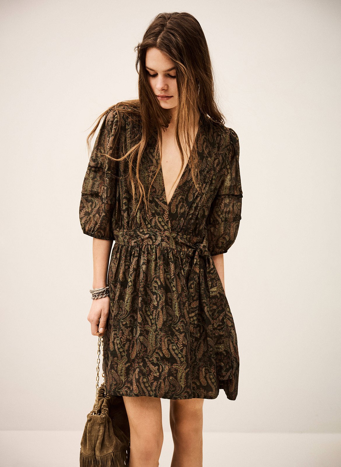Short fitted printed V-neck dress BA&SH Khaki