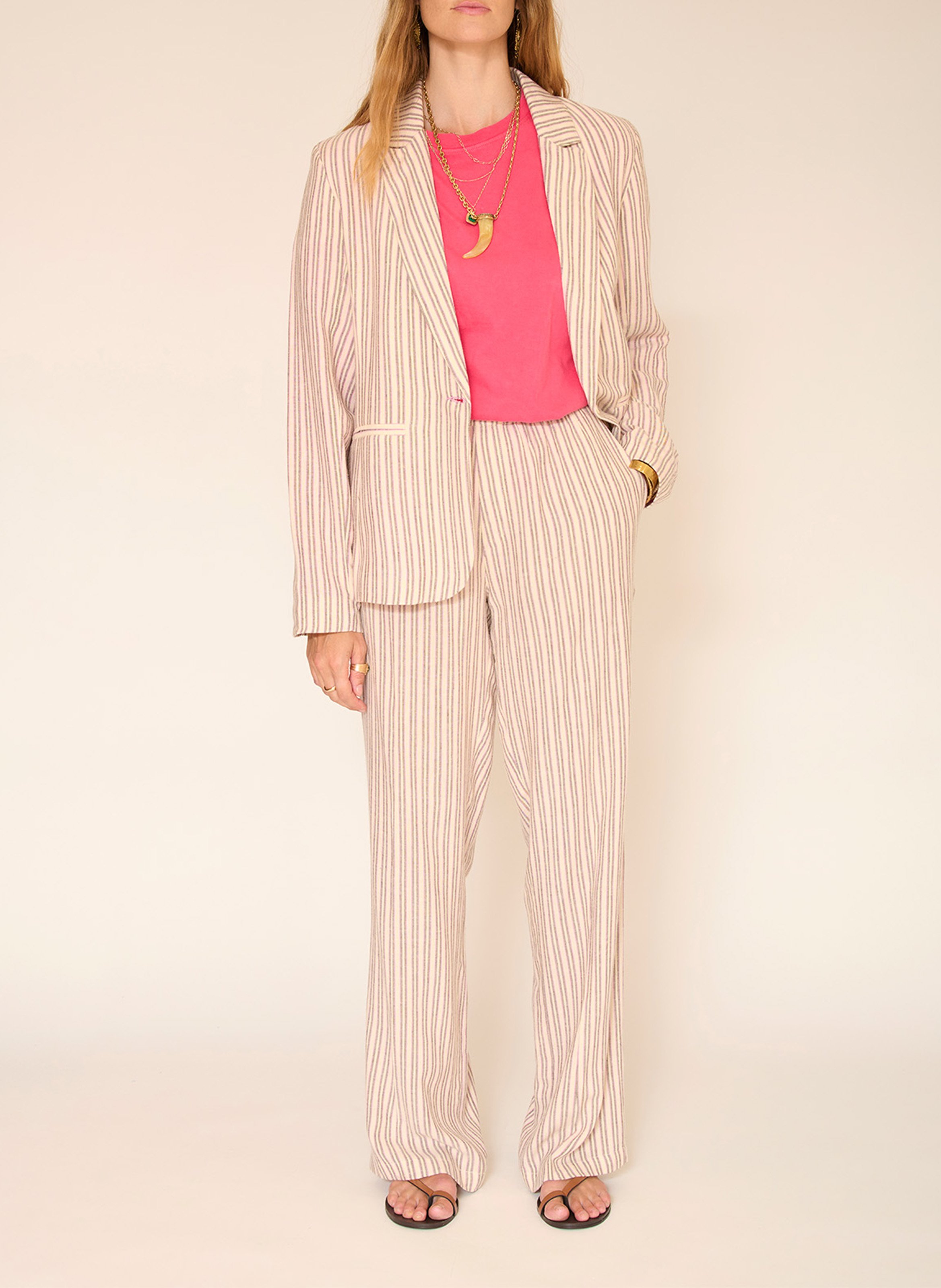 Gerade geschnittene, fließende Streifenhose MKT Beige