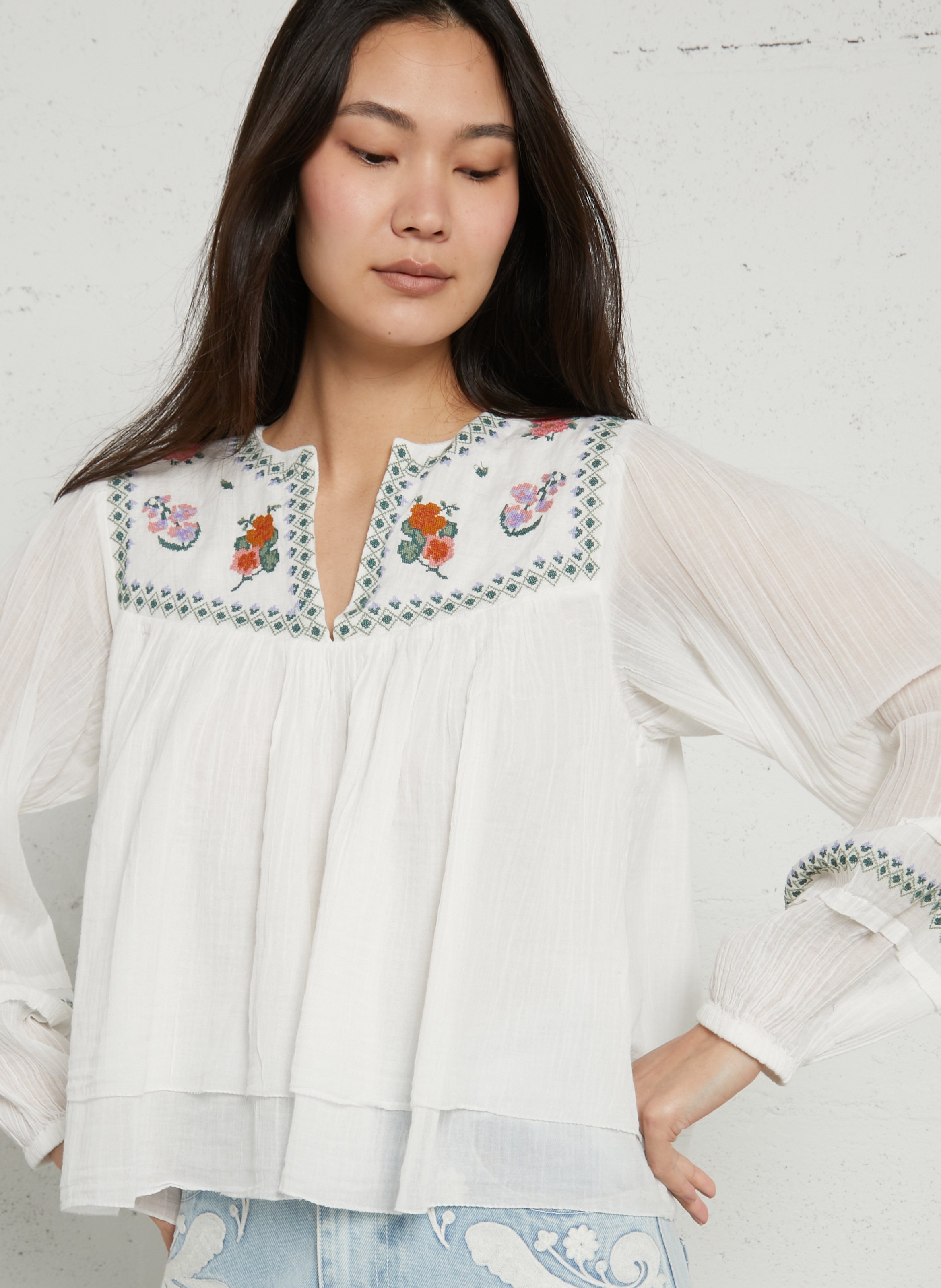 V-neck cotton blouse BERENICE White