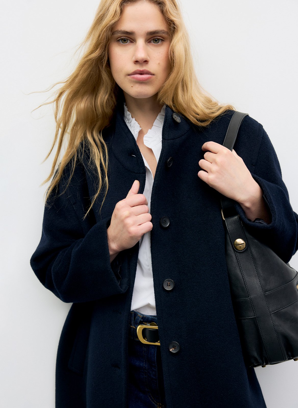 Manteau droit col montant en laine et angora GERARD DAREL Bleu