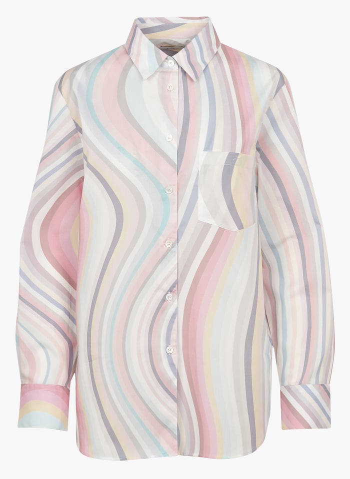 Camisa Holgada De Algod n Con Cuello Italiano Estampado L neas