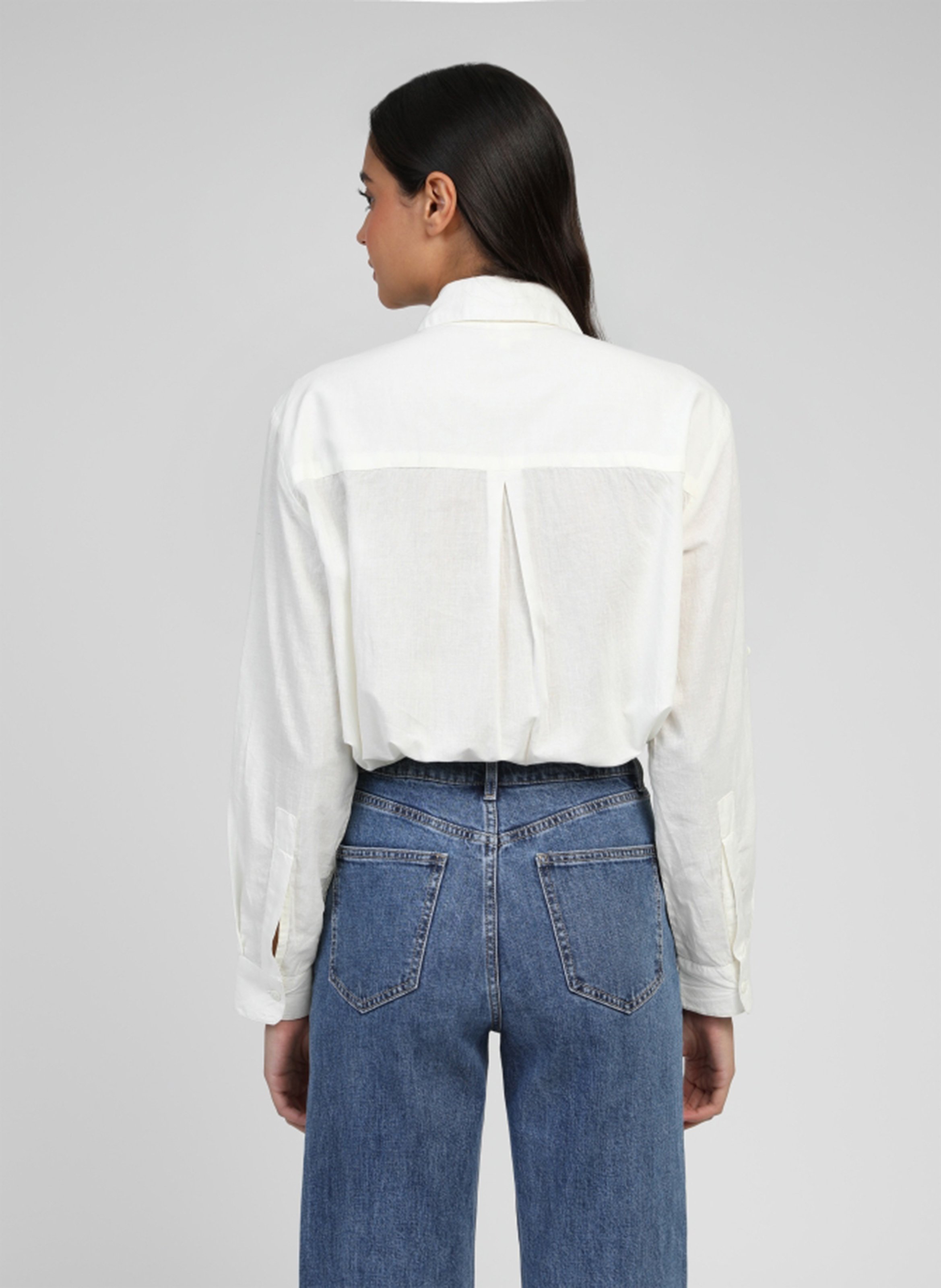 Chemise col classique manches contrastantes en coton AN'GE Beige