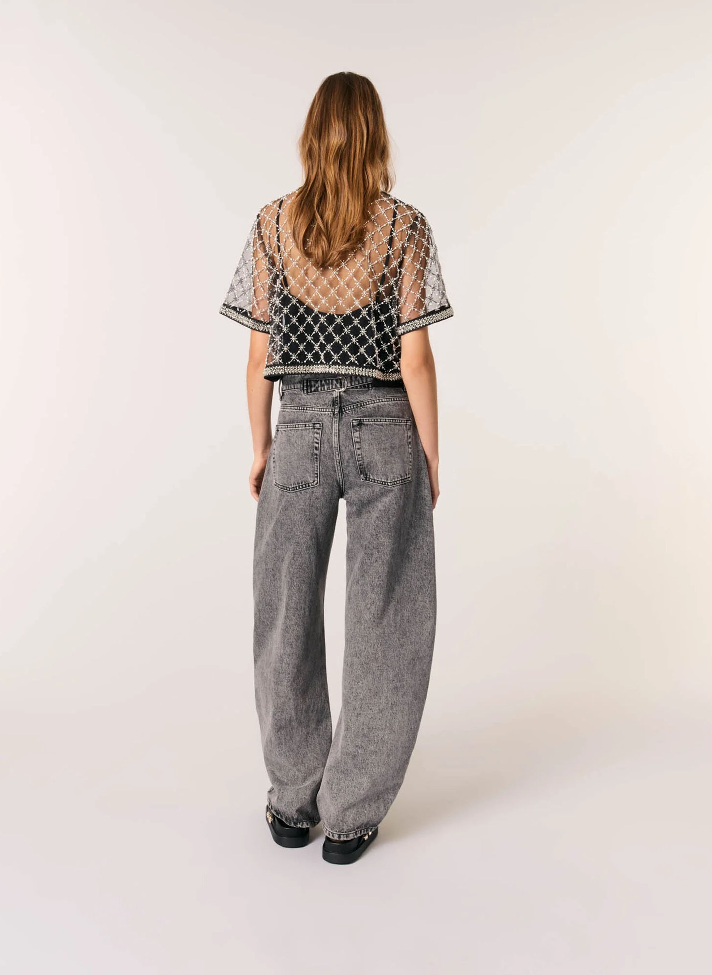 Top col rond à perles brodées MAJE Noir