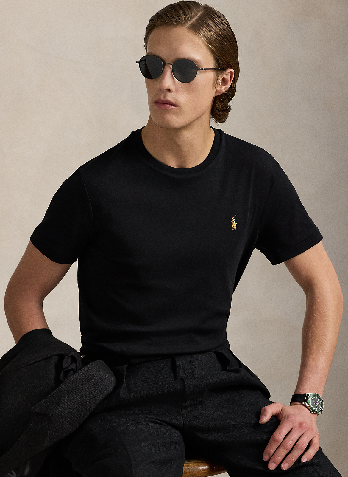 Round-neck slim-fit pima cotton T-shirt with Pony Player POLO RALPH LAUREN Black