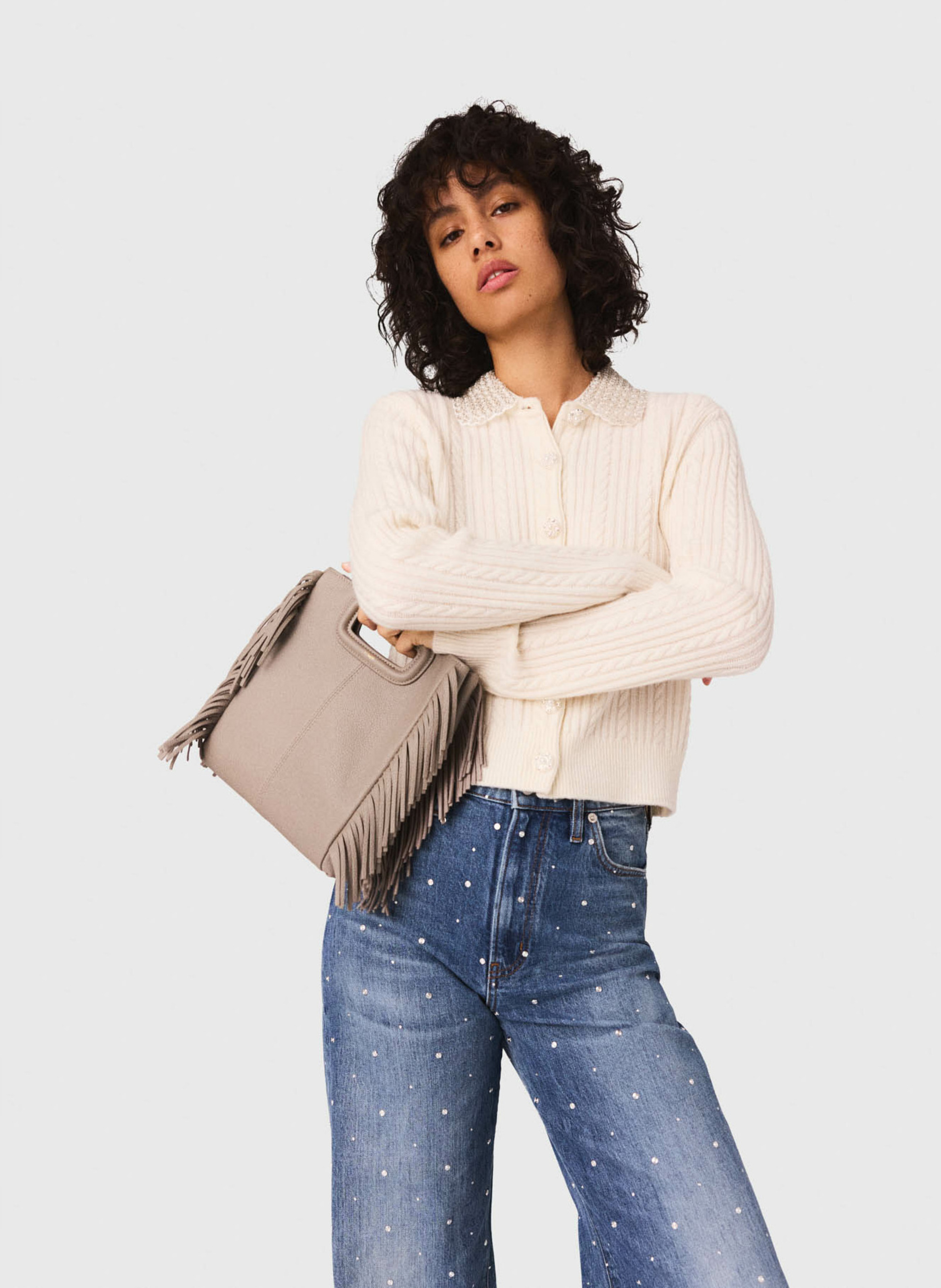 Cardigan in braided knit with rhinestones MAJE Beige