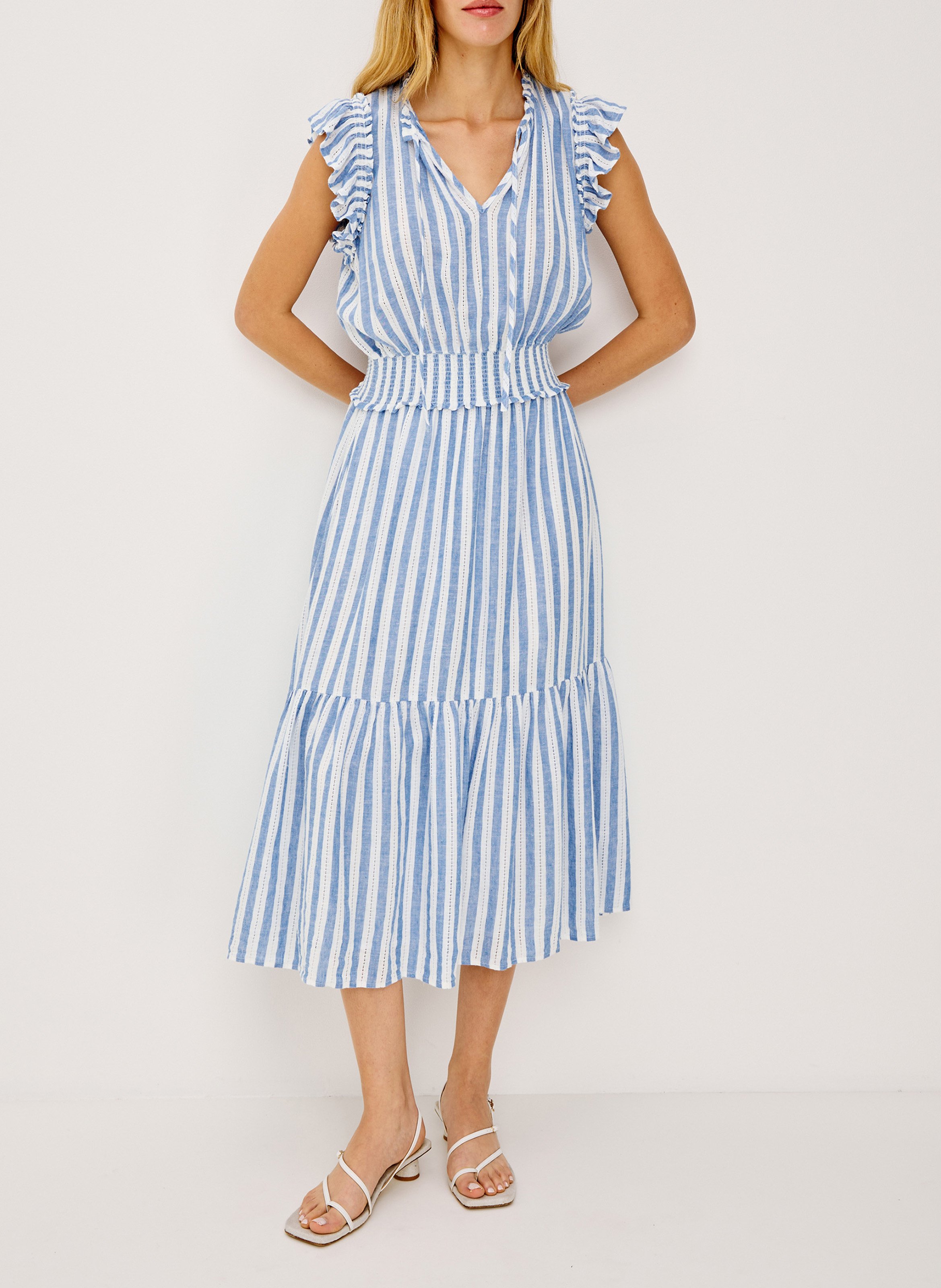 Midi dress with Tunisian collar in blended linen RAILS Multicolored