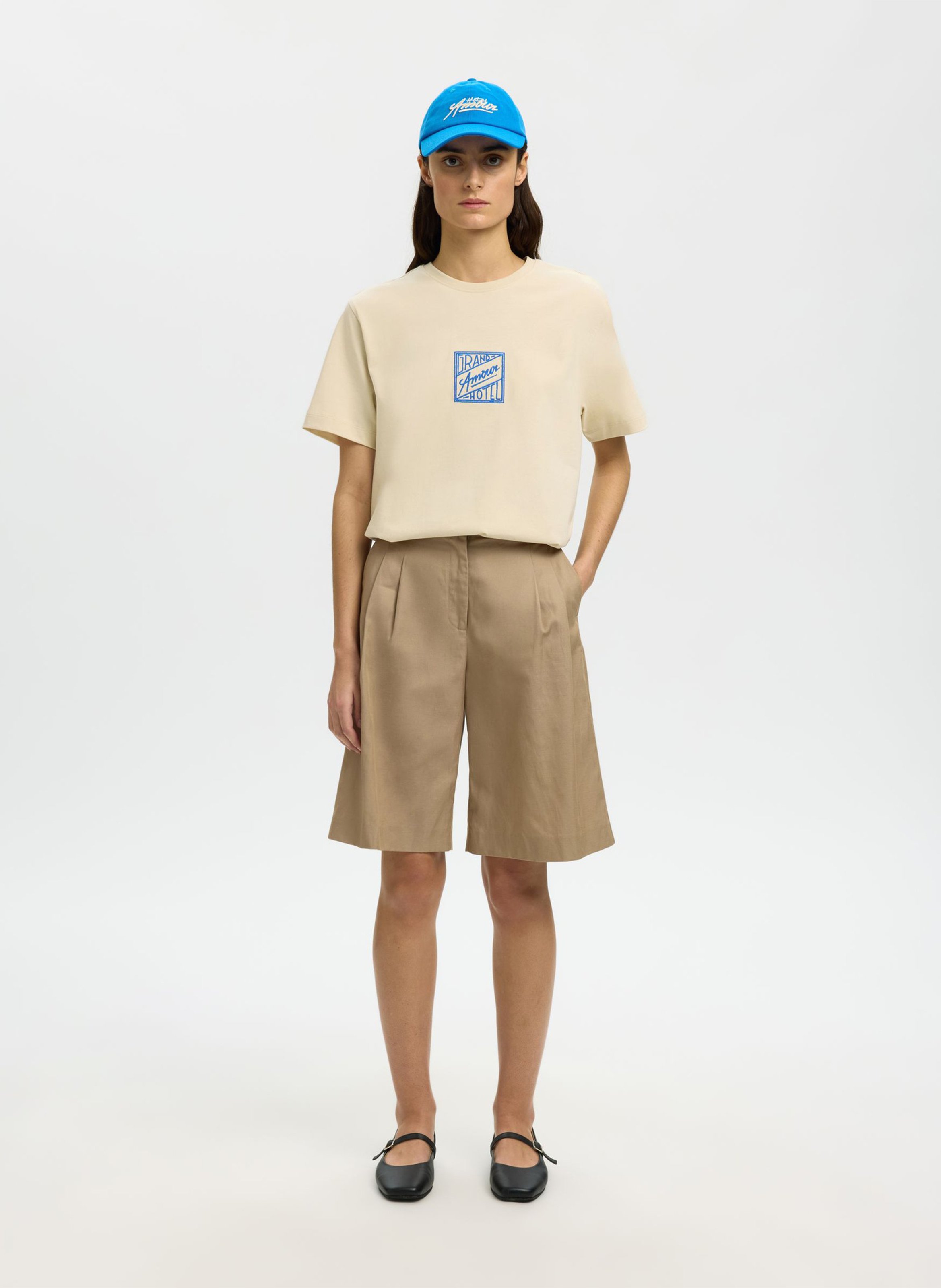 Round-neck organic cotton T-shirt SELECTED Beige