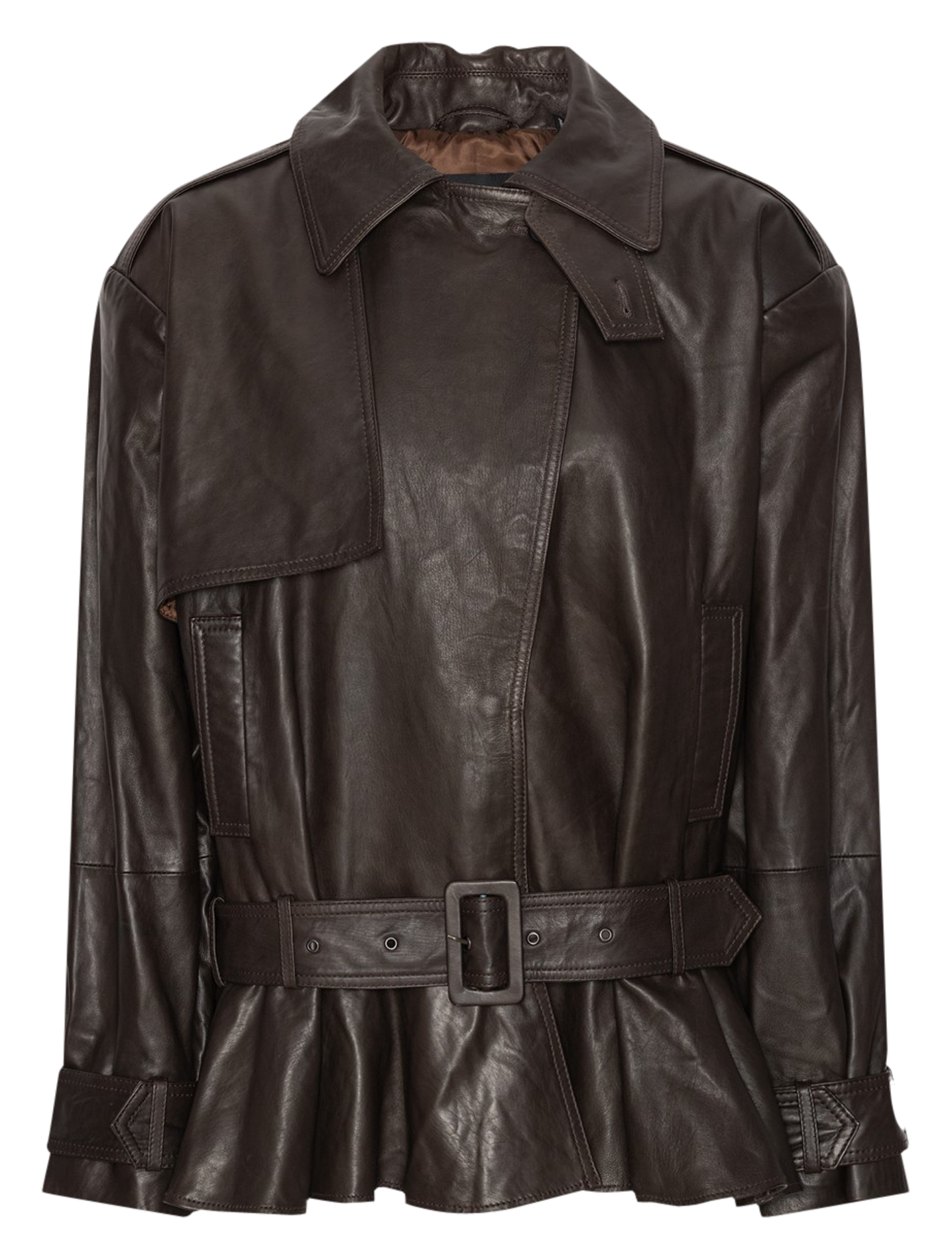 Oversized leather jacket with ruffles ROTATE Brown