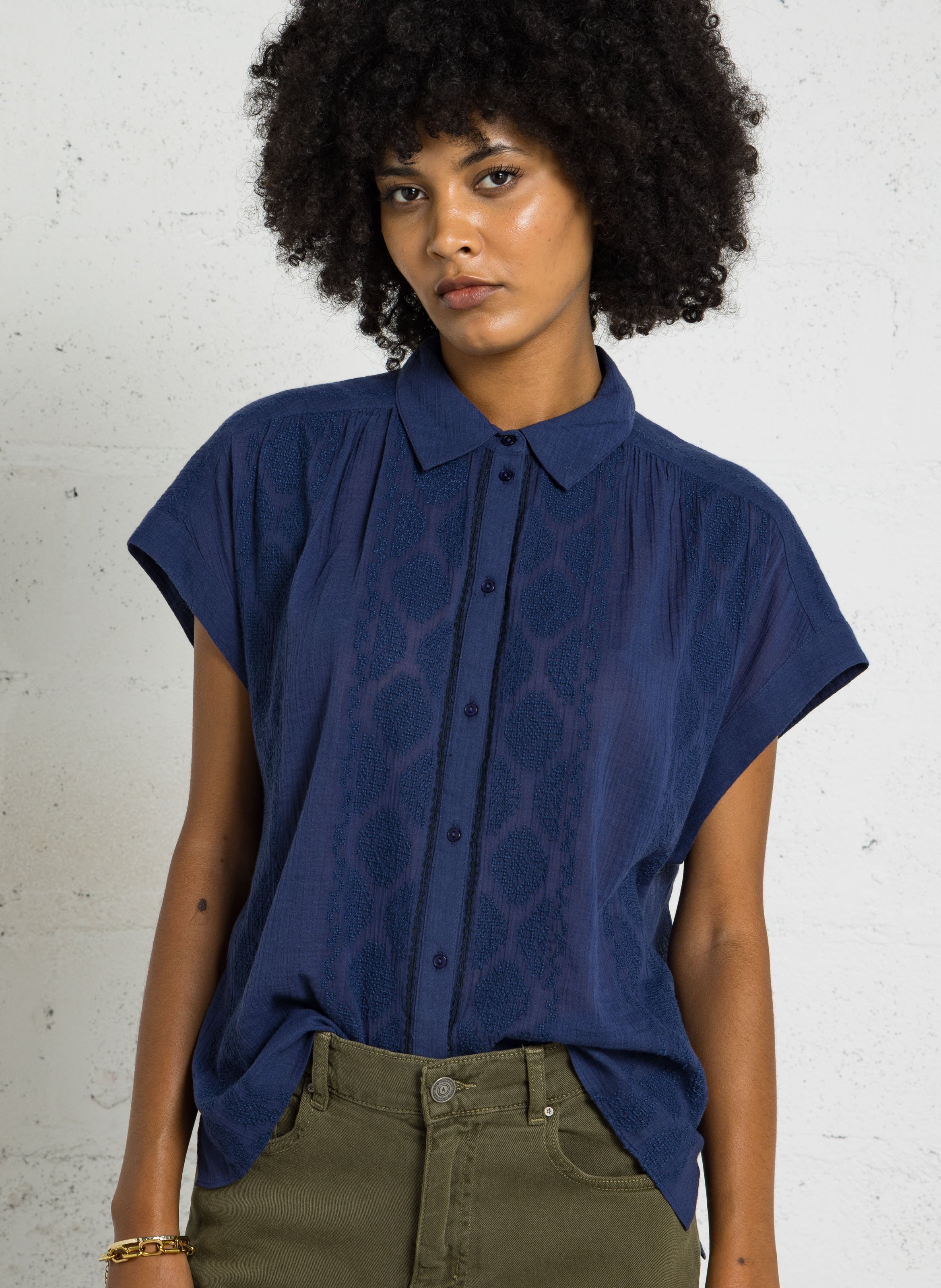 Straight embroidered cotton shirt with classic collar SUD EXPRESS Blue