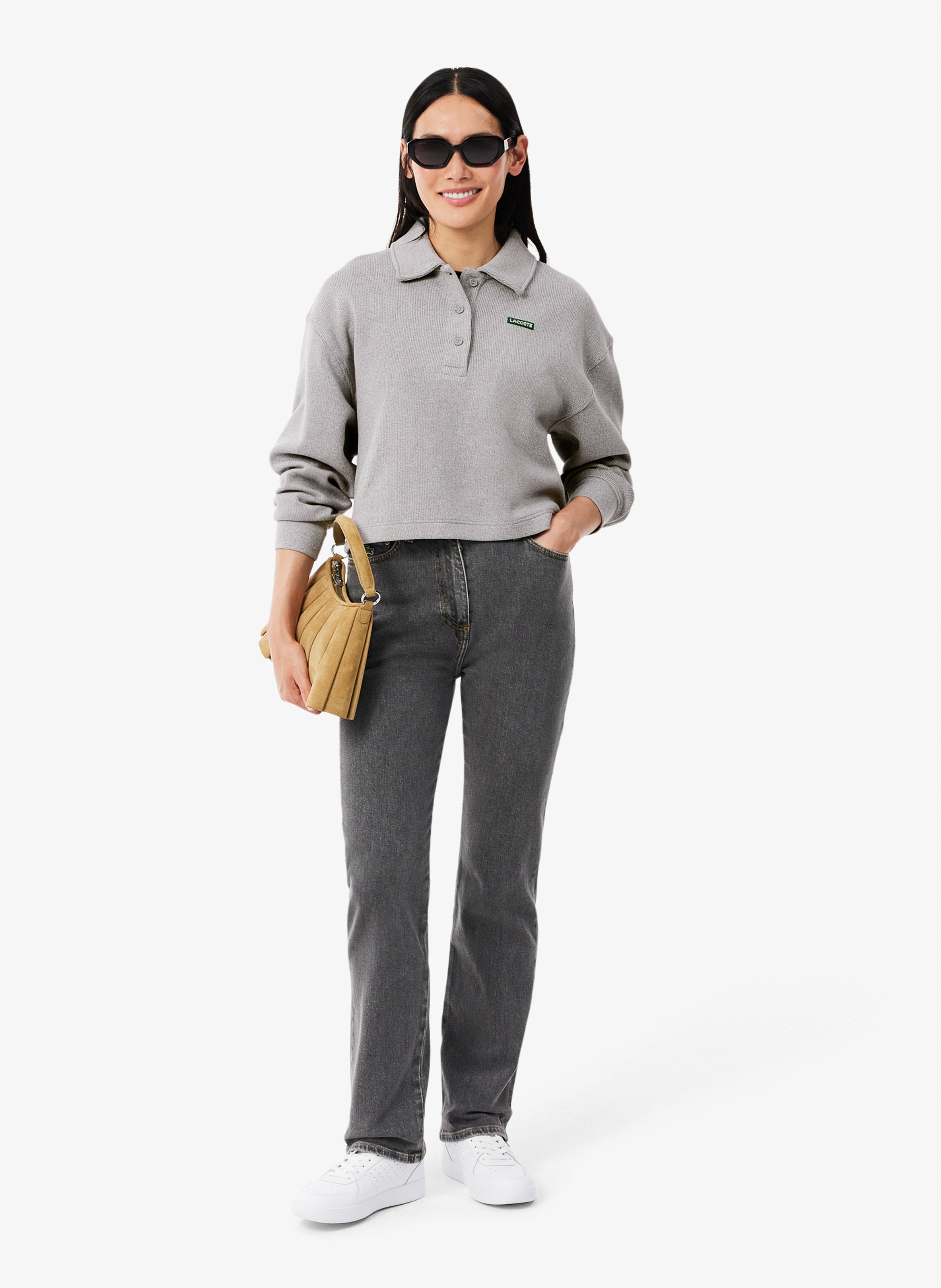 Oversized sweatshirt with ribbed polo collar in blended cotton LACOSTE Grey