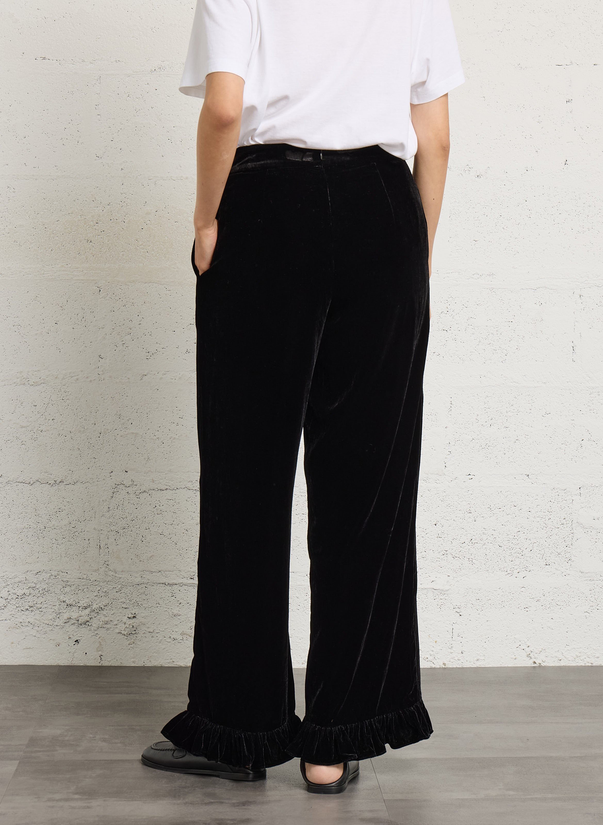 Wijde fluwelen broek met ruches DES PETITS HAUTS Zwart