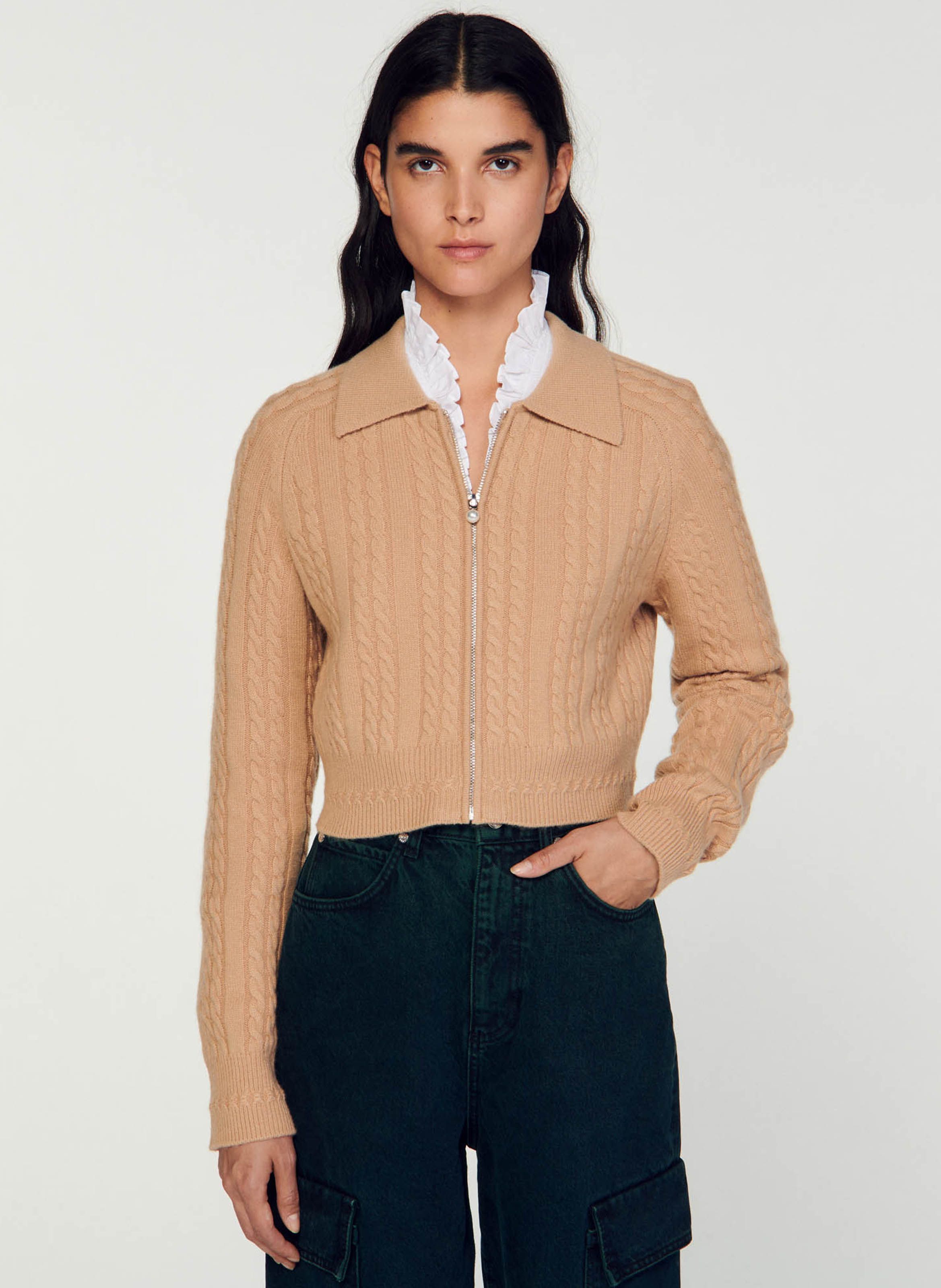 Cropped Cardigan With Shirt Collar In Wool Blend Camel Sandro