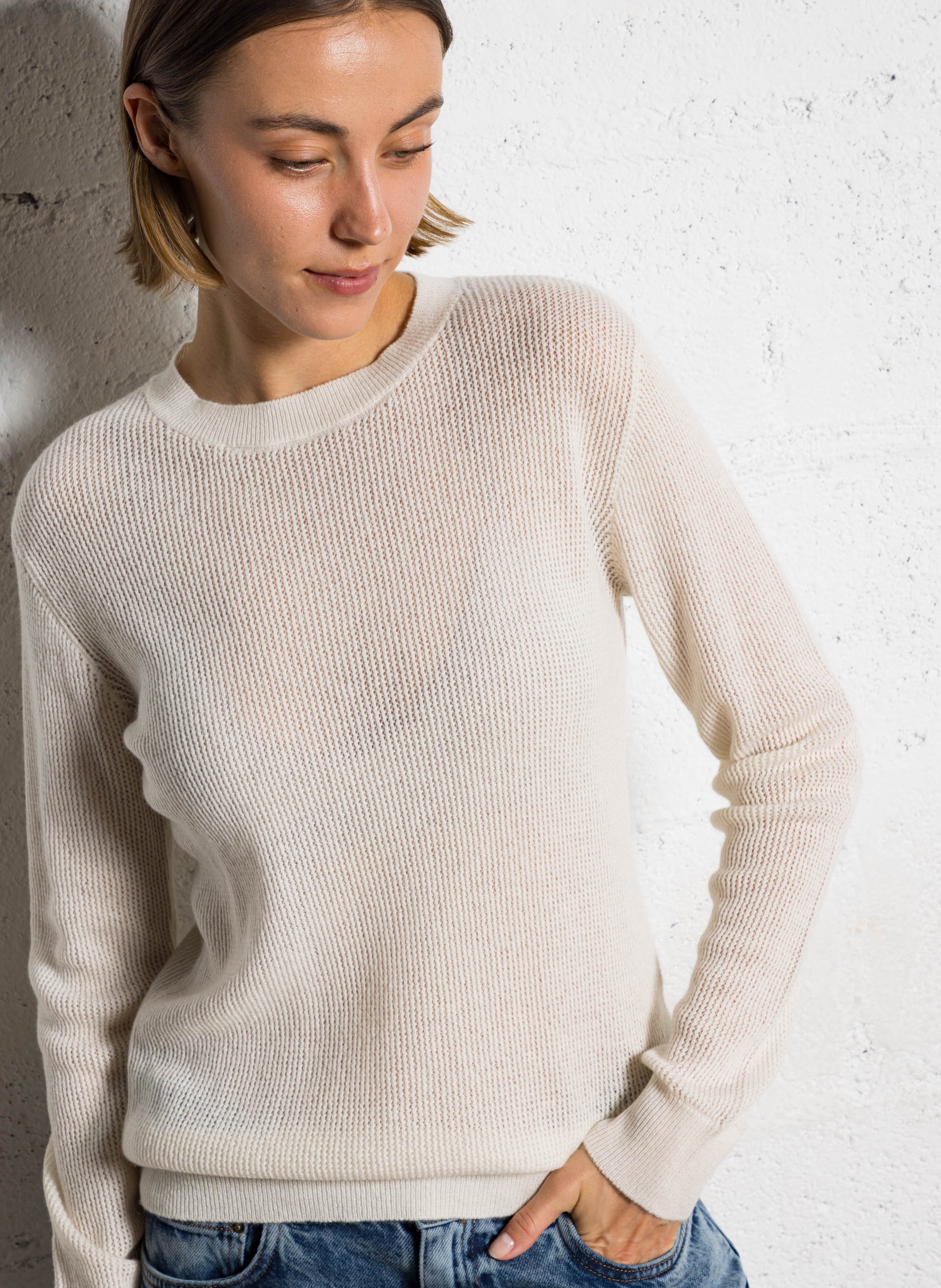 Pull droit col rond en cachemire KUJTEN Blanc