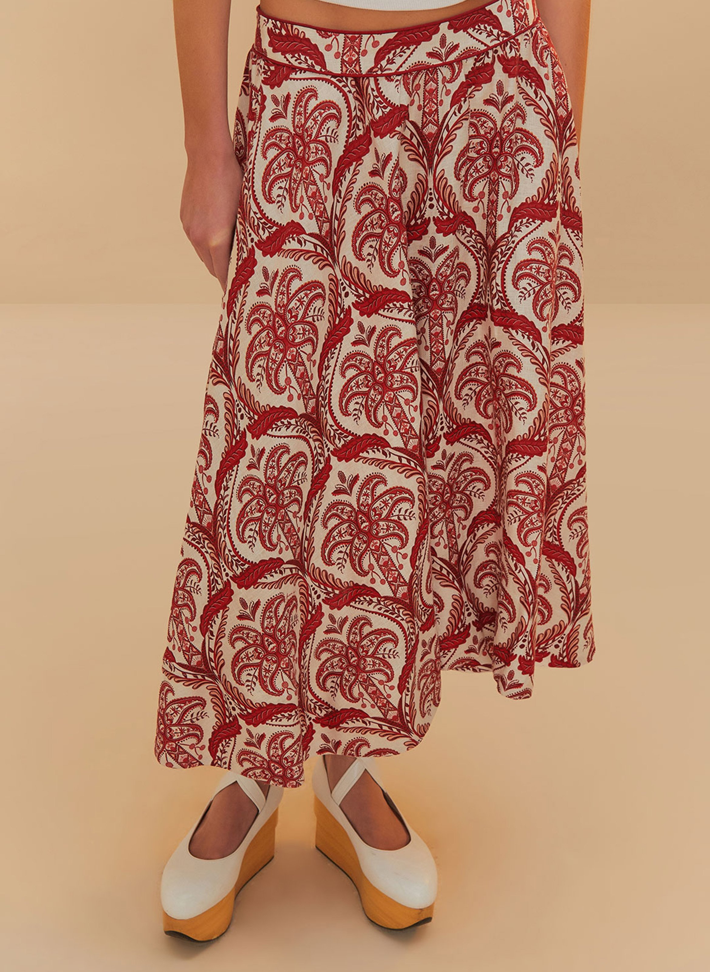 Jupe midi imprimée en lin FARM RIO Multicolore