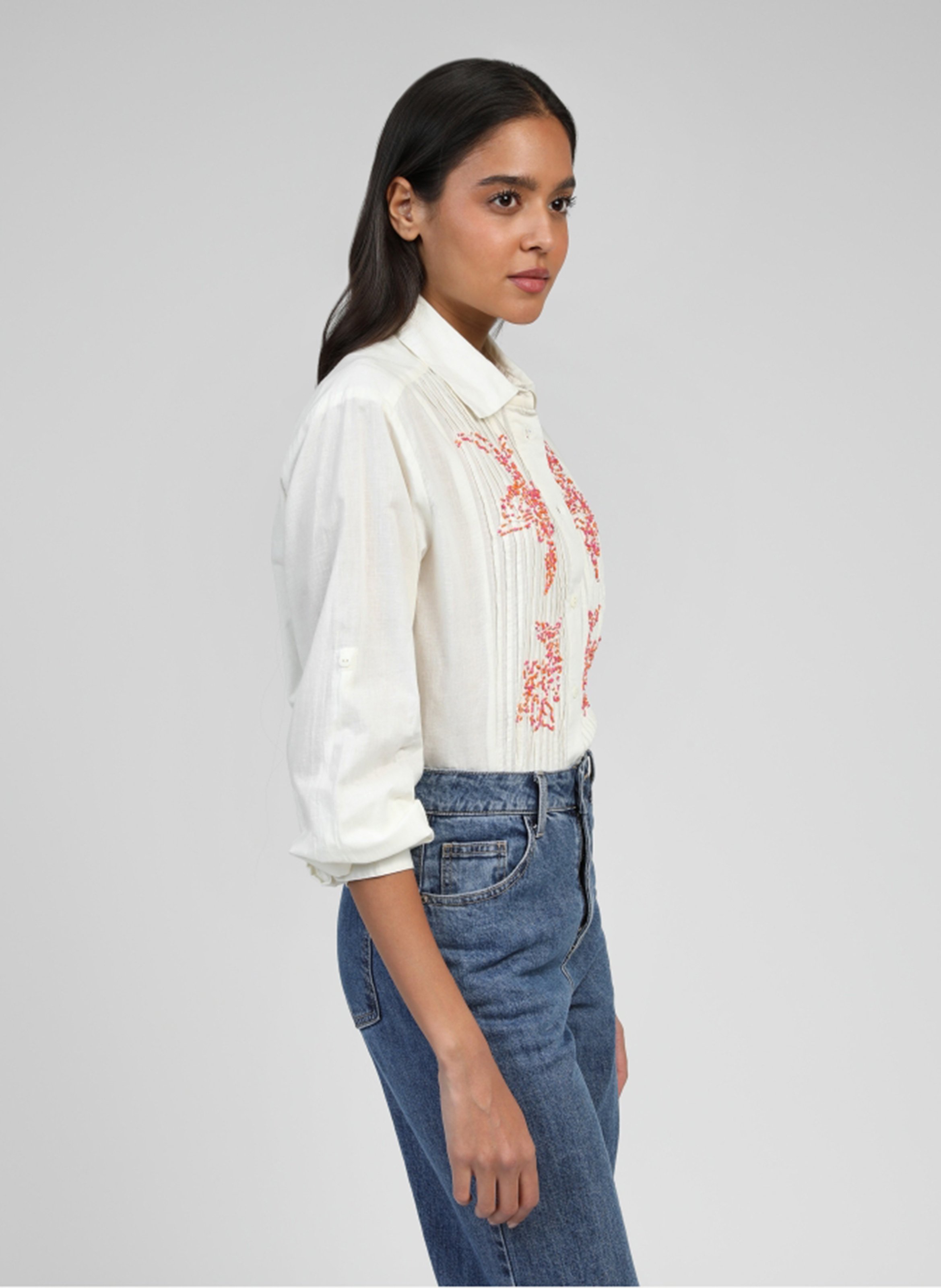 Chemise col classique manches contrastantes en coton AN'GE Beige