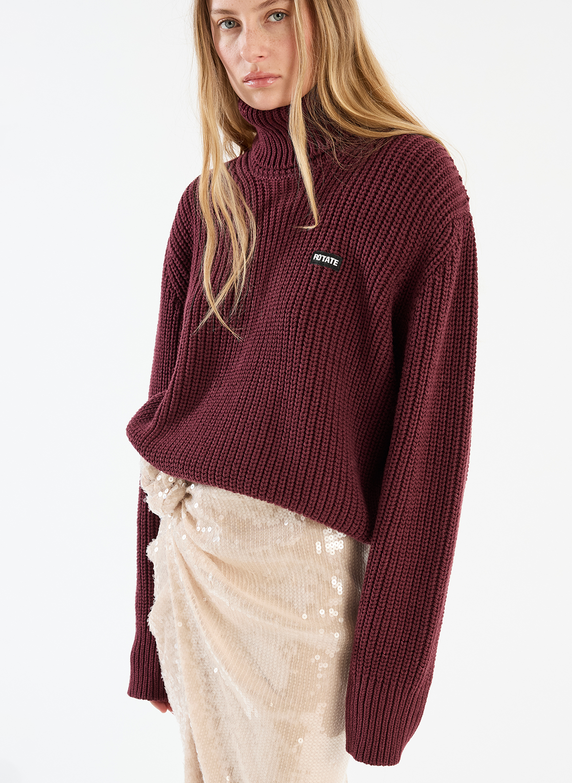 Pull col roulé en laine mélangée ROTATE Marron