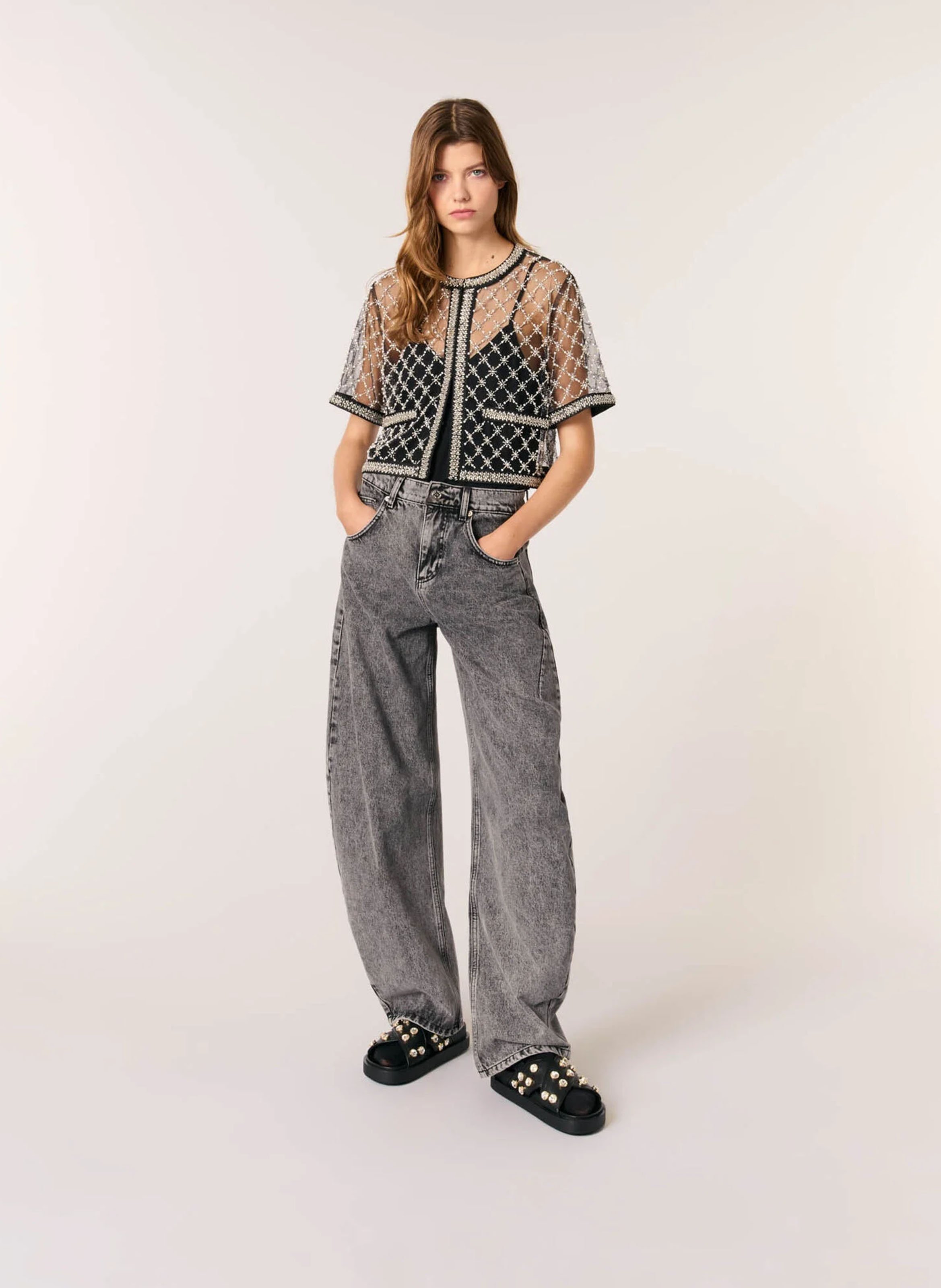 Top col rond à perles brodées MAJE Noir