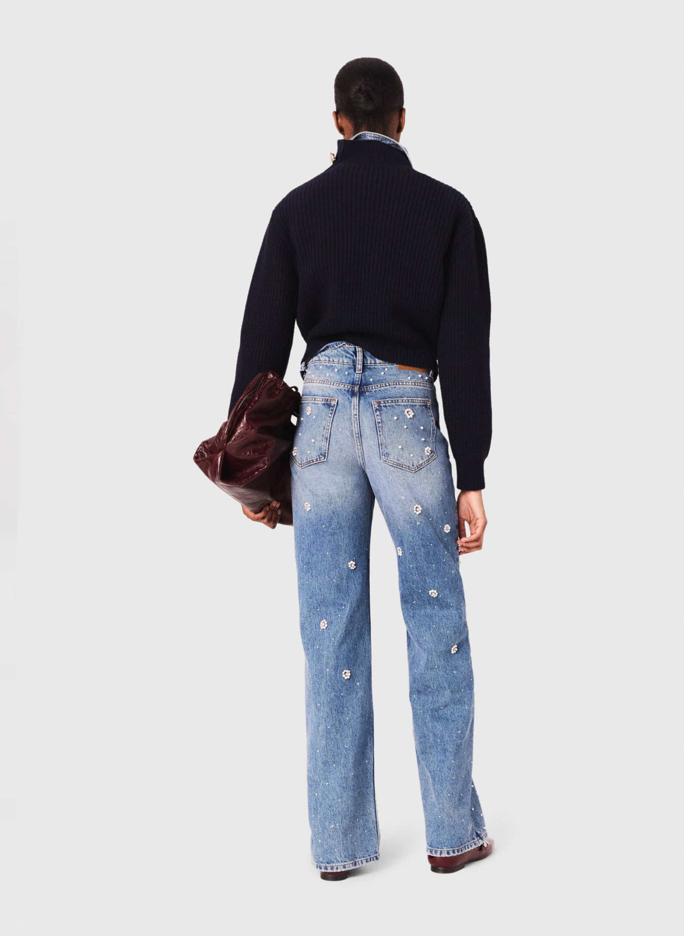 Rechte jeans met hoge taille en bloemenborduursels MAJE Blauw