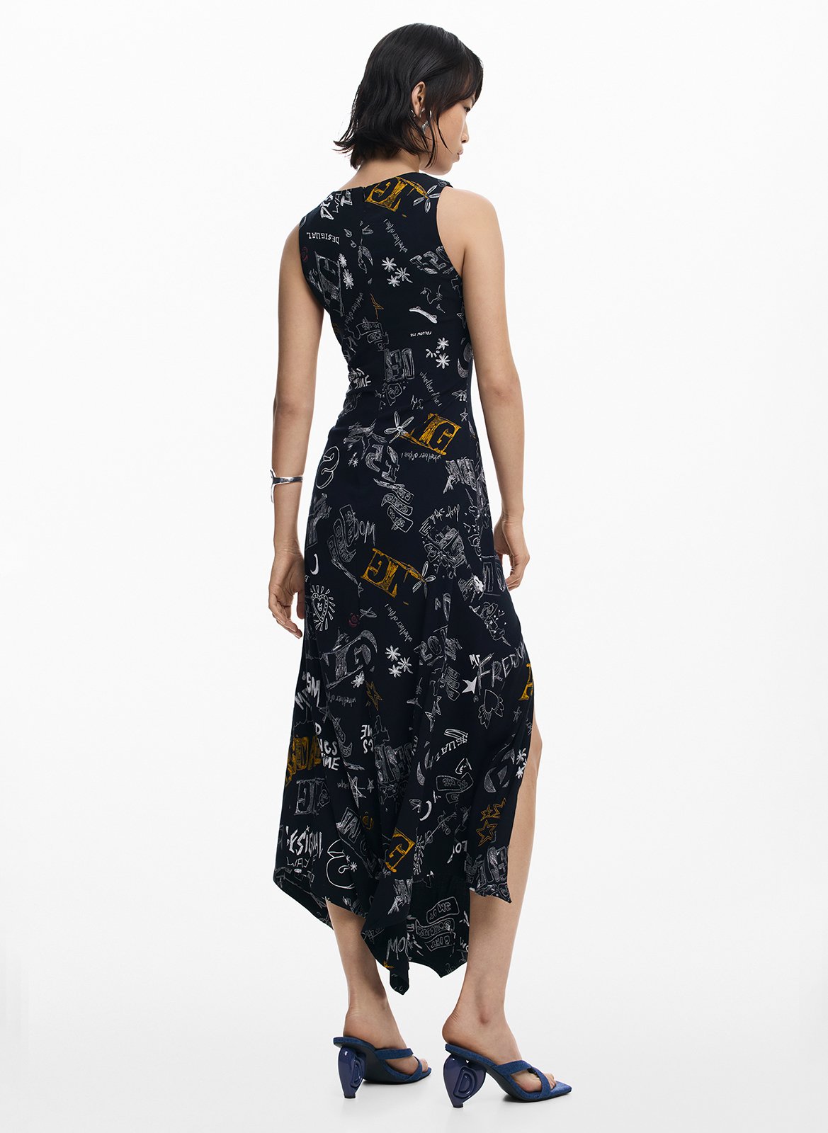Robe midi col rond imprimée DESIGUAL Noir