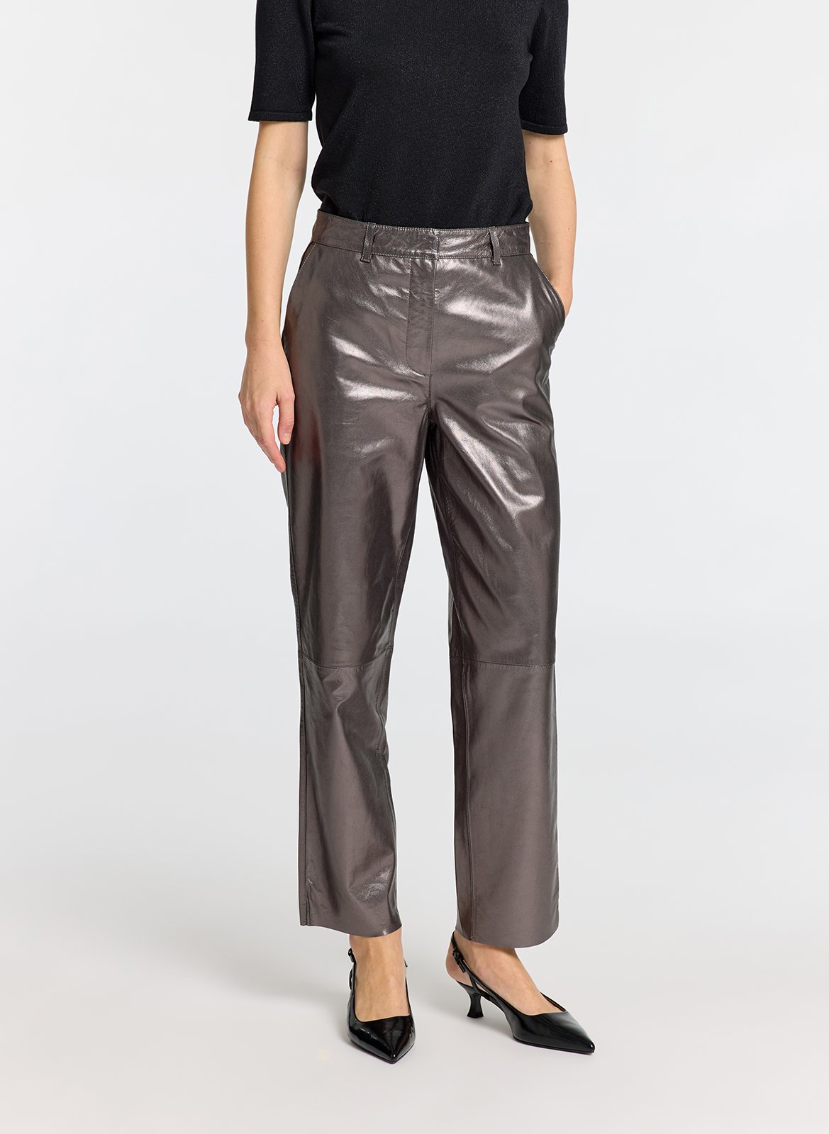 Pantalon droit en cuir métallisé SELECTED Gris