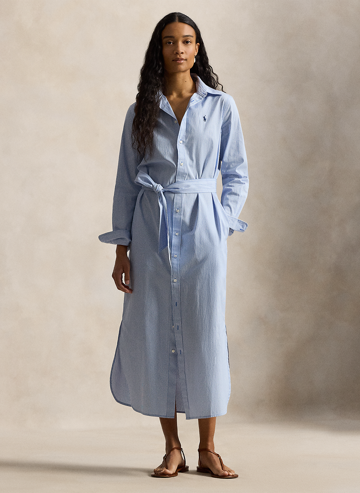 Langes Baumwollkleid mit klassischem Kragen POLO RALPH LAUREN Blau