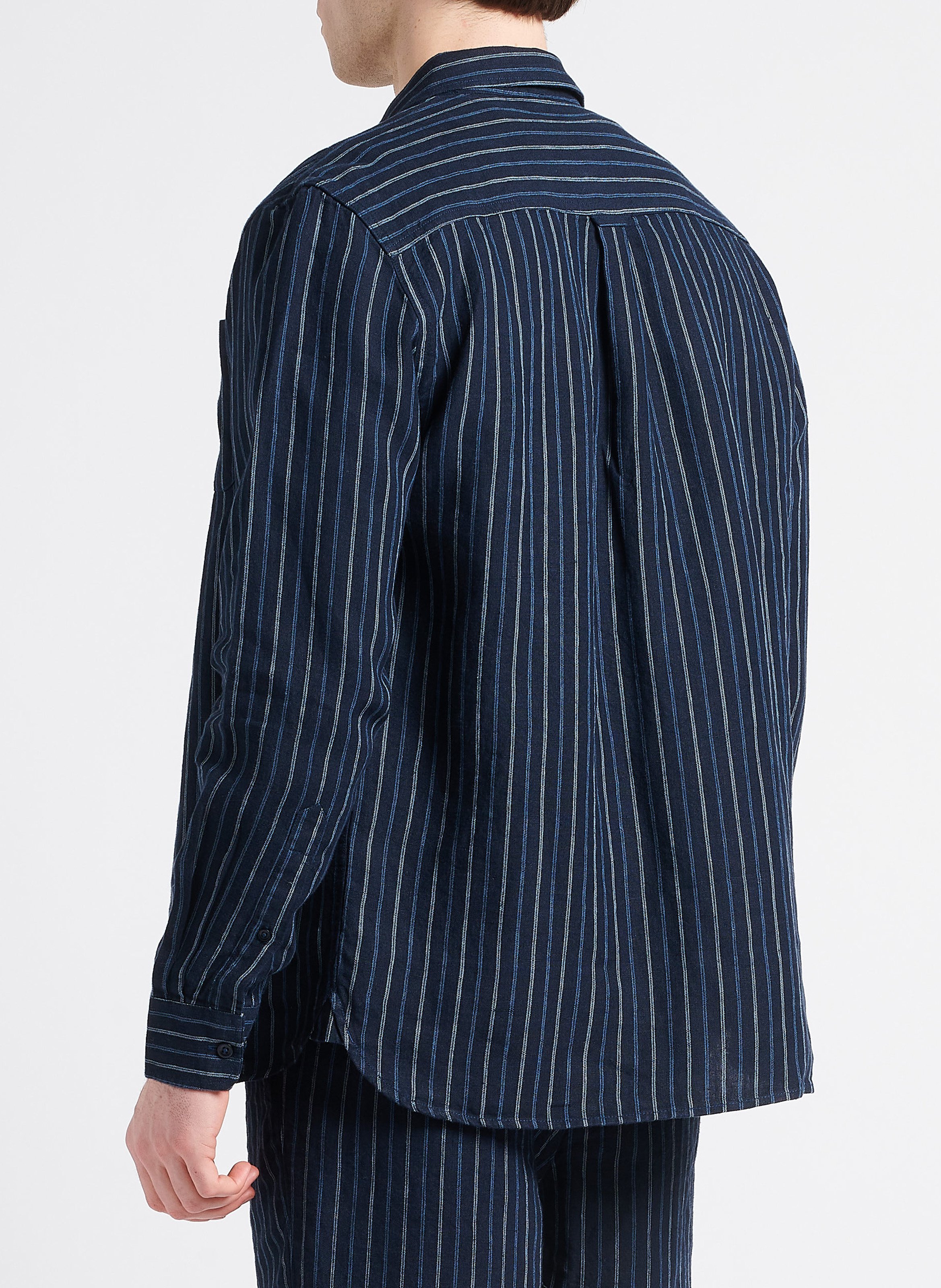 Chemise à rayures col classique en lin KNOWLEDGE COTTON APPAREL Bleu