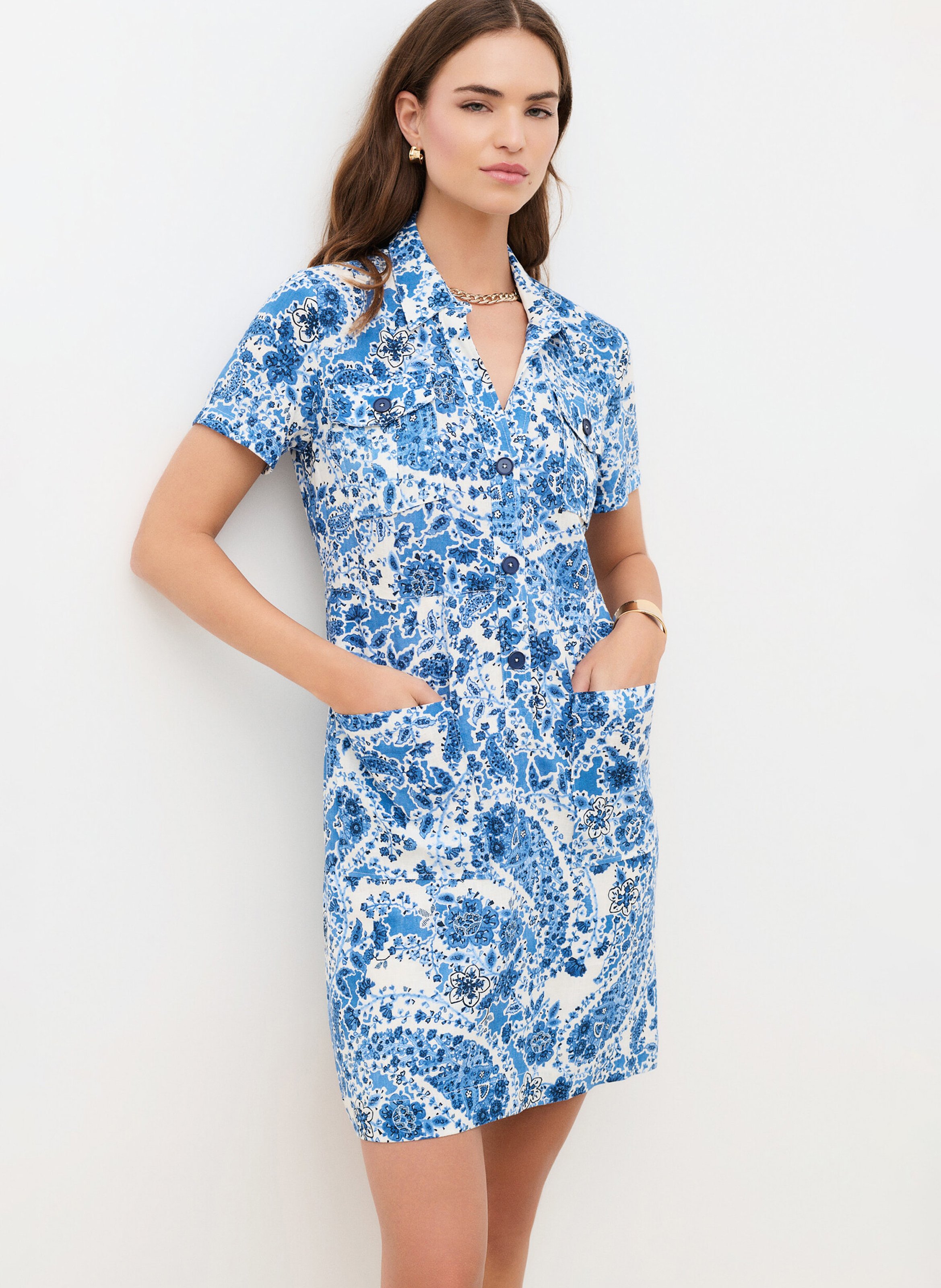 Robe courte col classique imprimée CAROLL Bleu