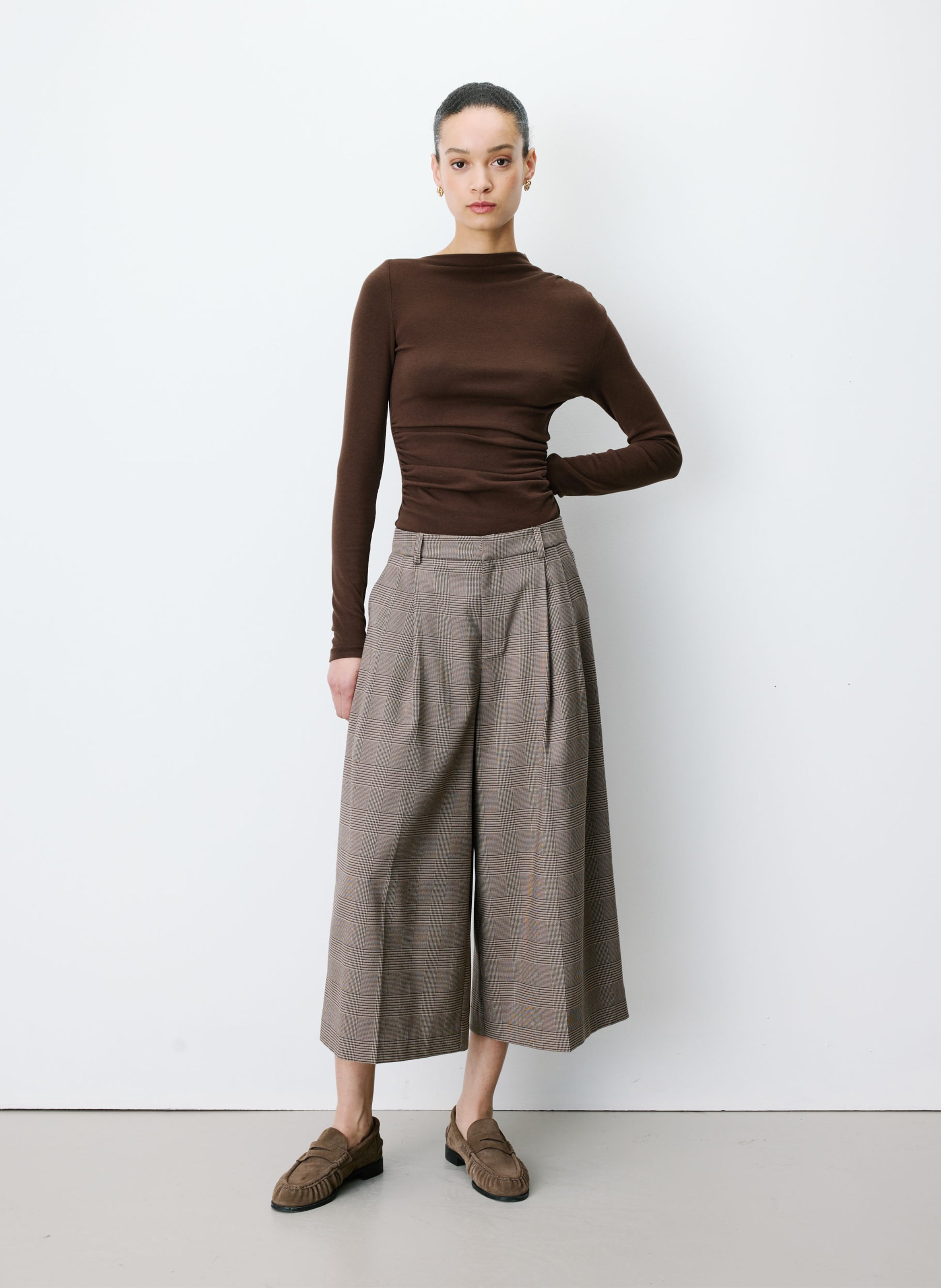 Prince of Wales Check Wide Leg Capri Pants GRACE ET MILA Beige