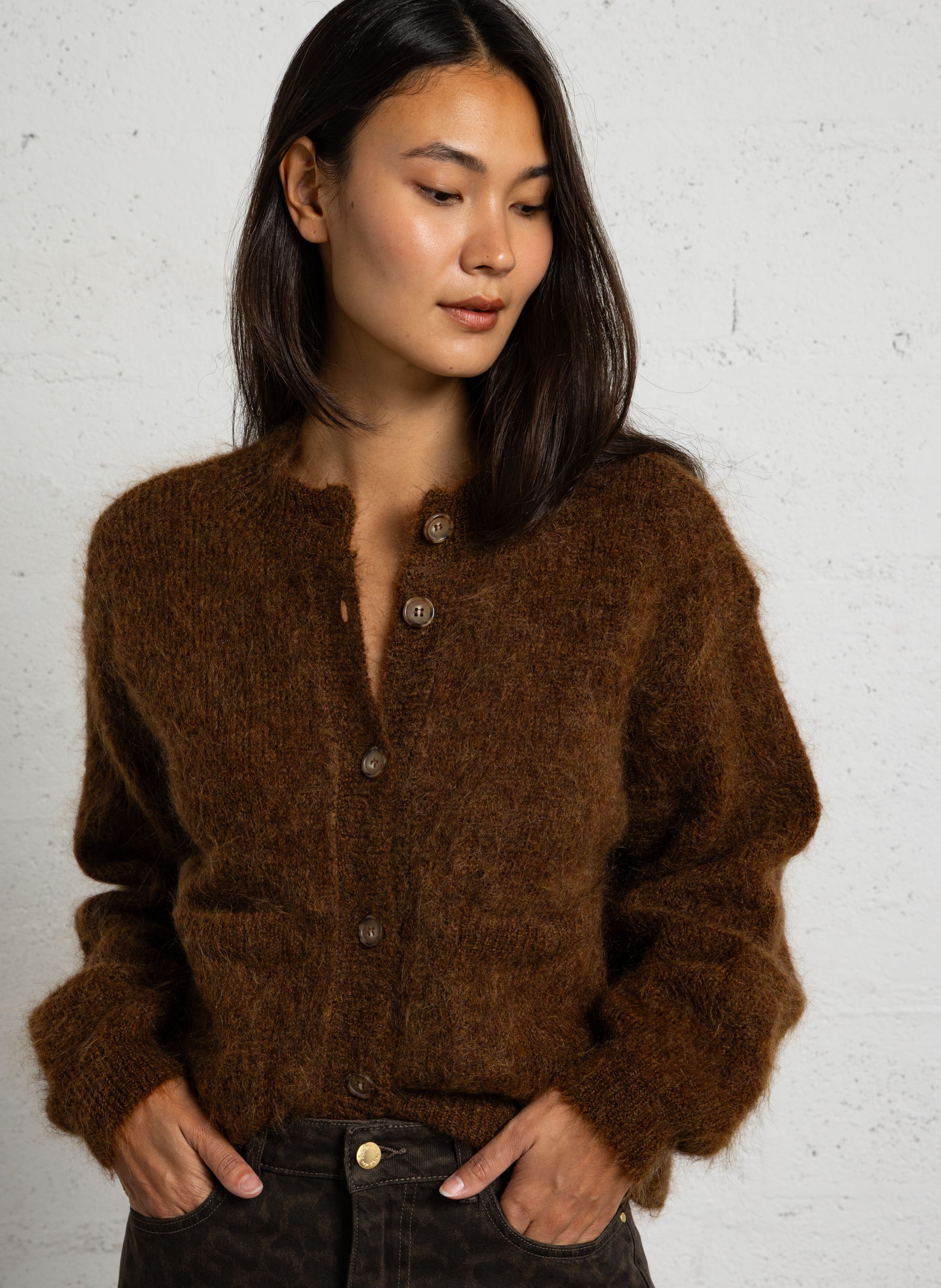 Cardigan ample en mohair mélangé DES PETITS HAUTS Marron