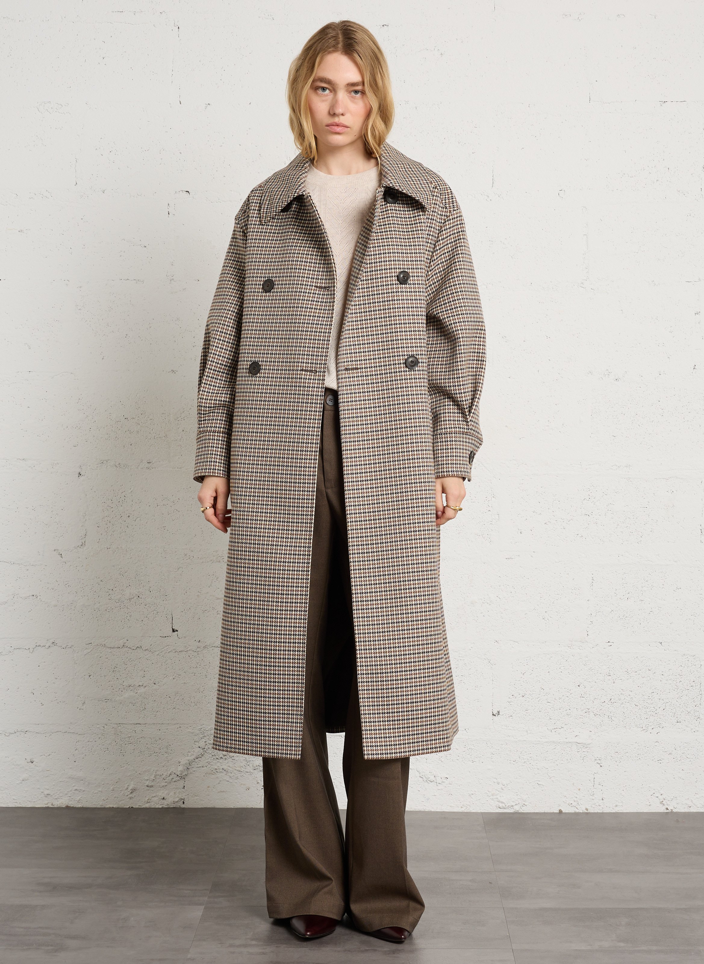 Long classic-collar coat in a houndstooth pattern MAISON 123 White