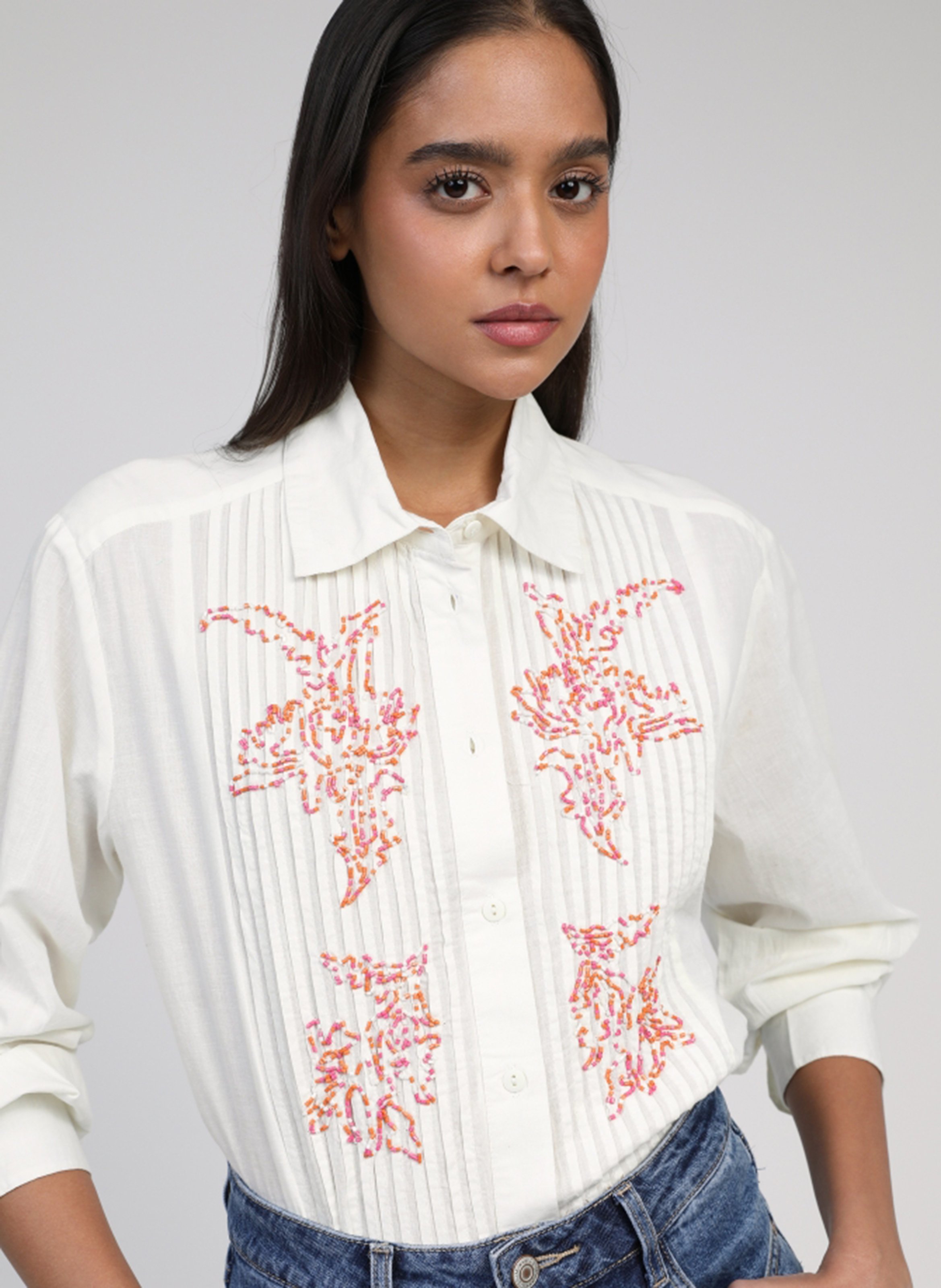 Chemise col classique manches contrastantes en coton AN'GE Beige