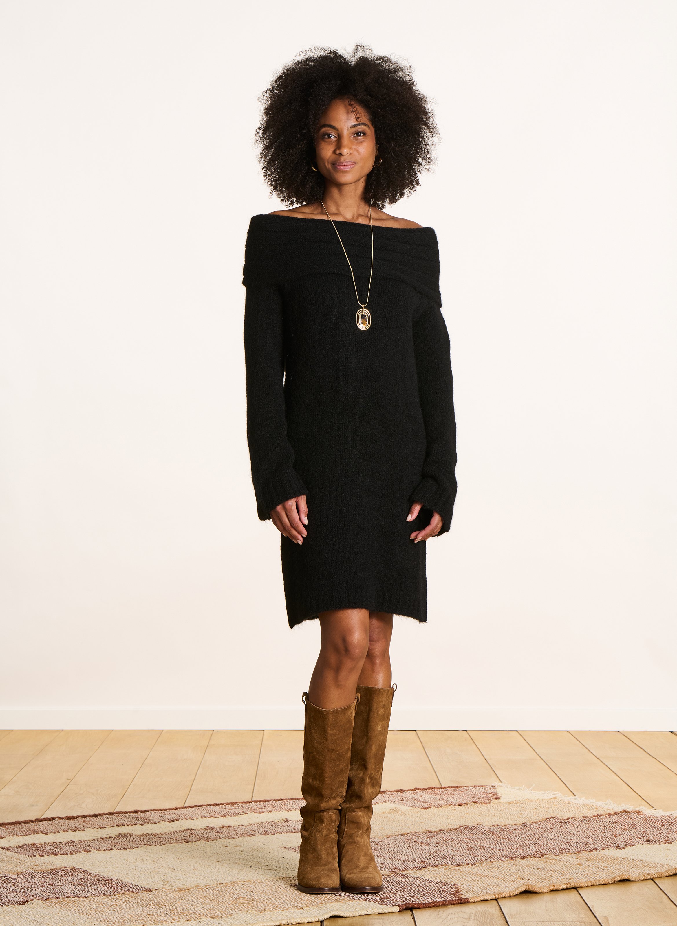 Short wool blend off-the-shoulder dress LA FEE MARABOUTEE Black