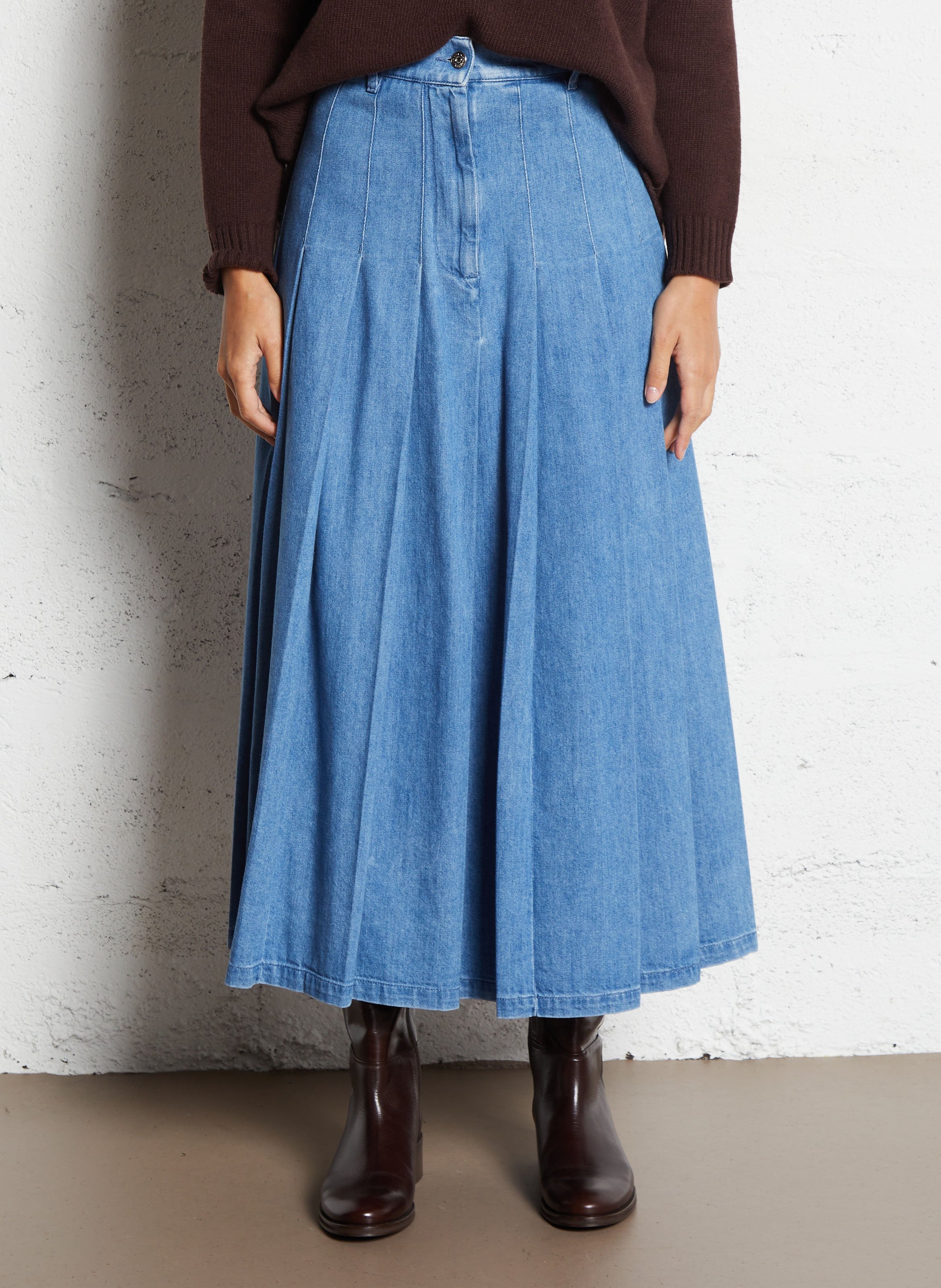 Jupe longue évasée en denim de coton MAX MARA WEEK END Bleu