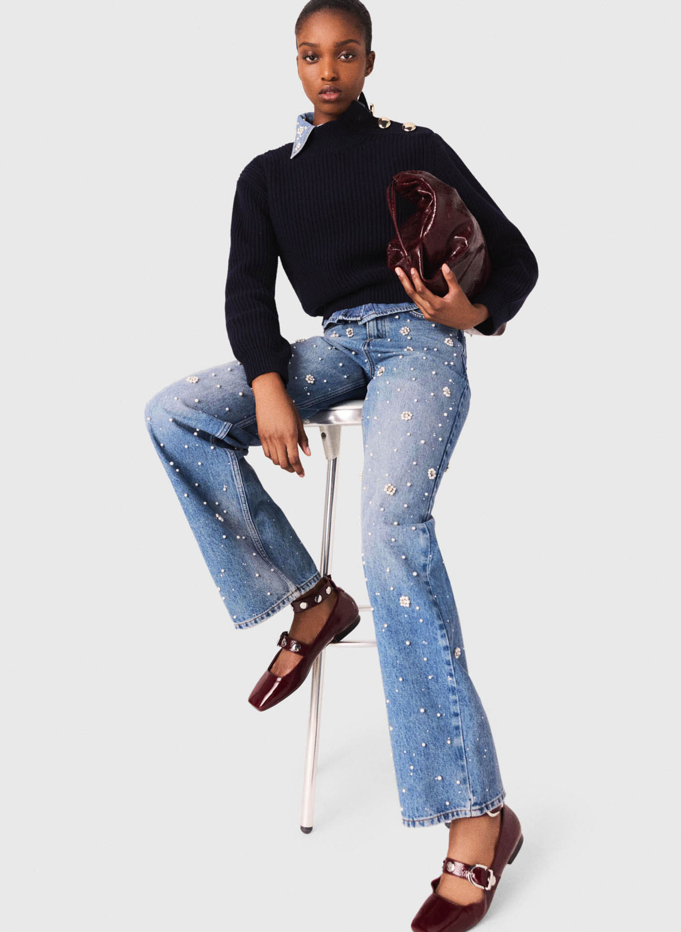 Rechte jeans met hoge taille en bloemenborduursels MAJE Blauw