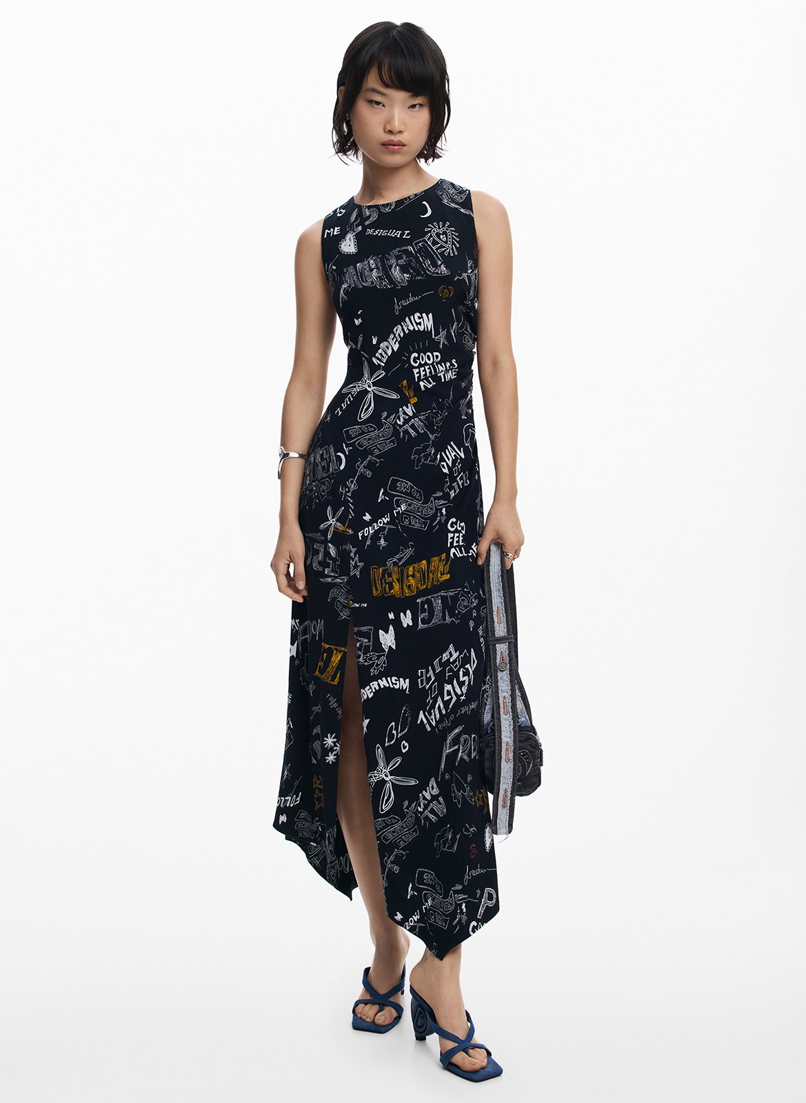 Robe midi col rond imprimée DESIGUAL Noir