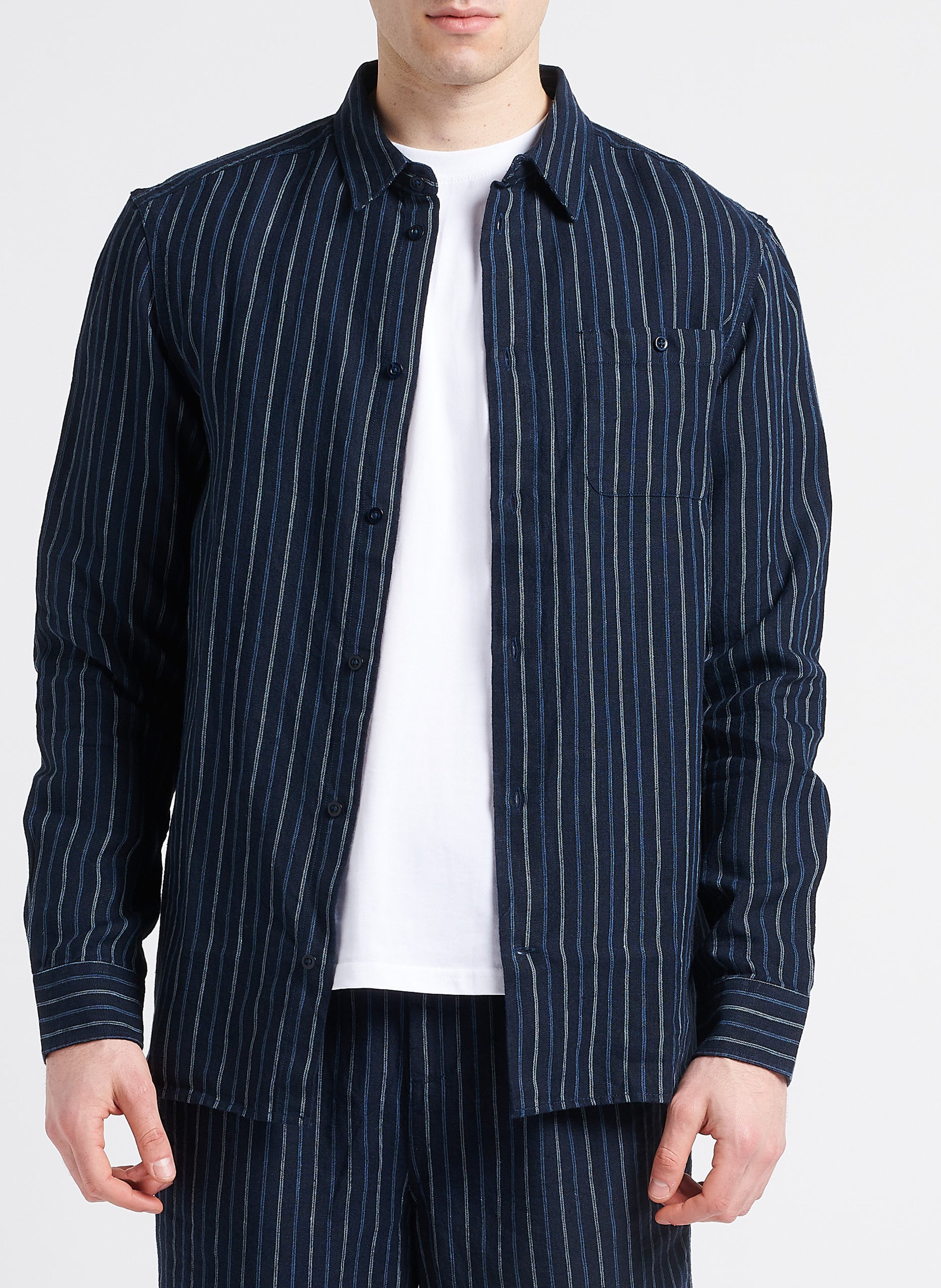 Chemise à rayures col classique en lin KNOWLEDGE COTTON APPAREL Bleu