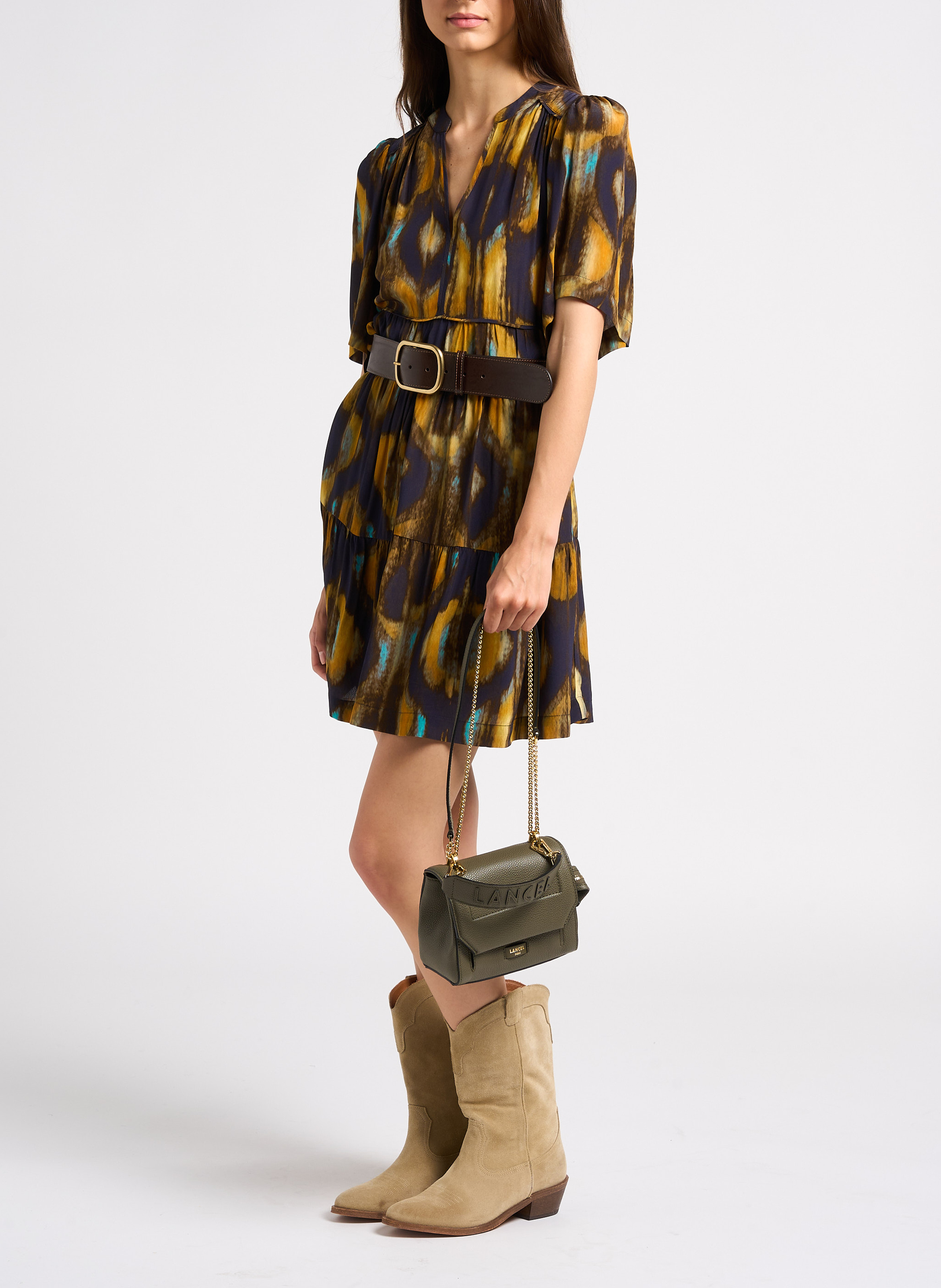 Sac à rabat petit modèle en cuir grainé LANCEL Kaki