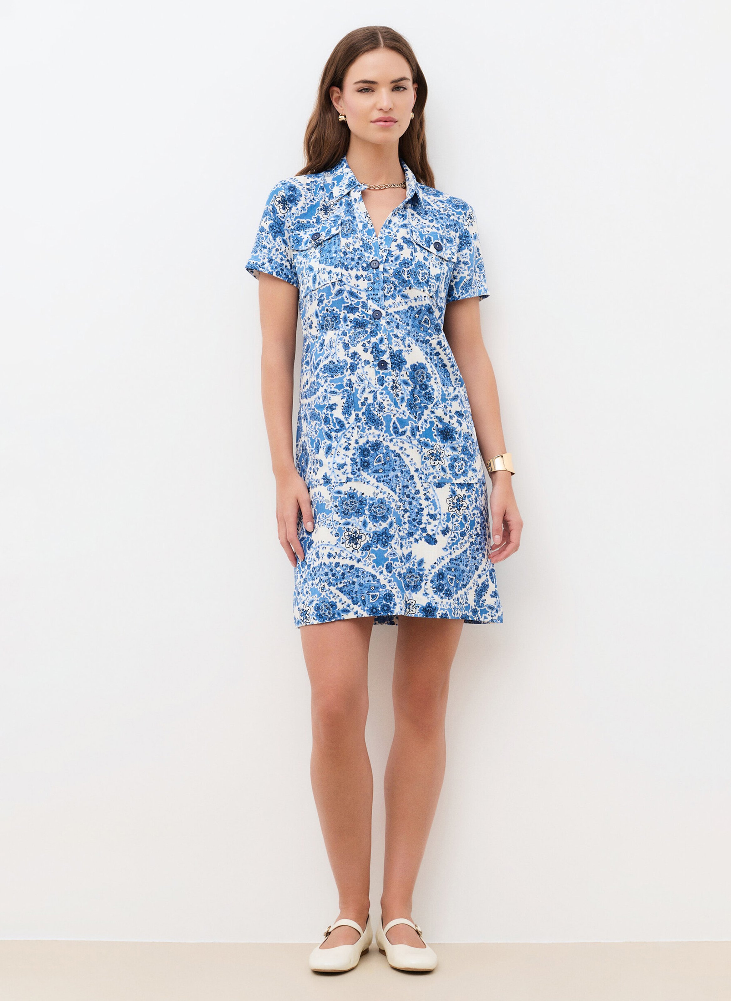 Robe courte col classique imprimée CAROLL Bleu