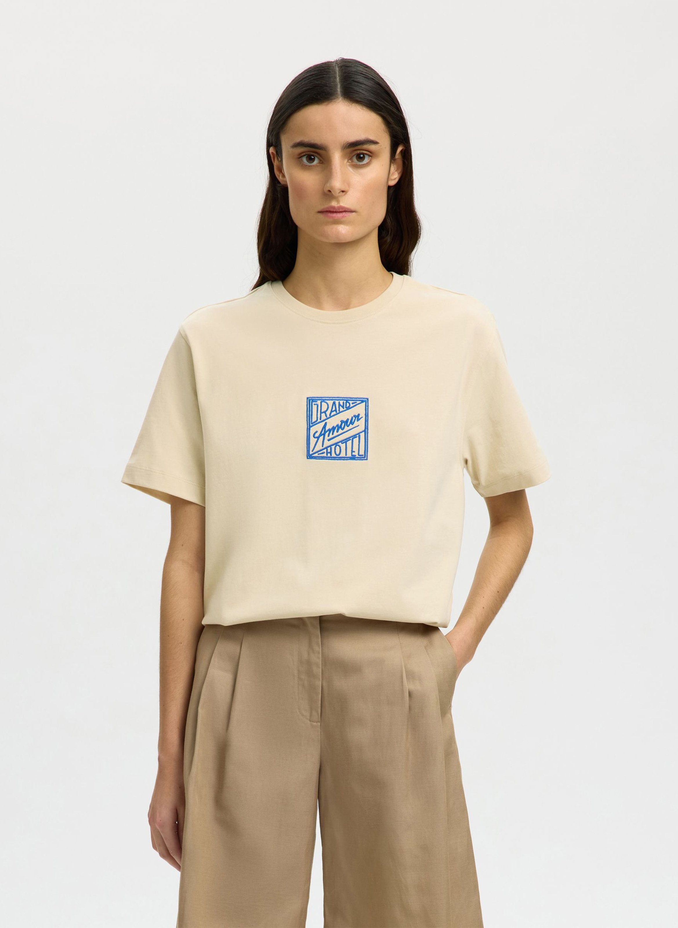 Round-neck organic cotton T-shirt SELECTED Beige