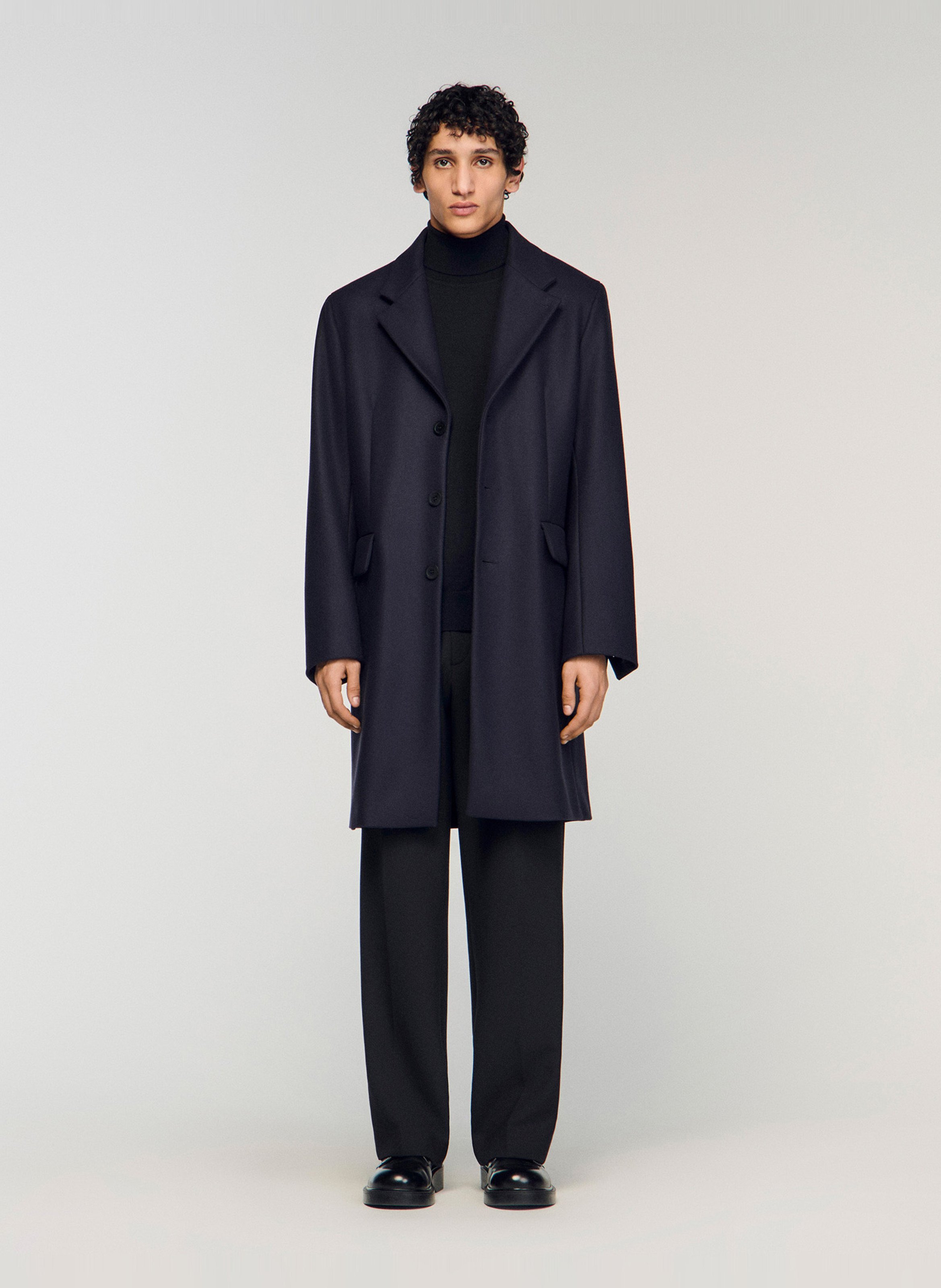 Manteau droit en laine mélangée Bleu